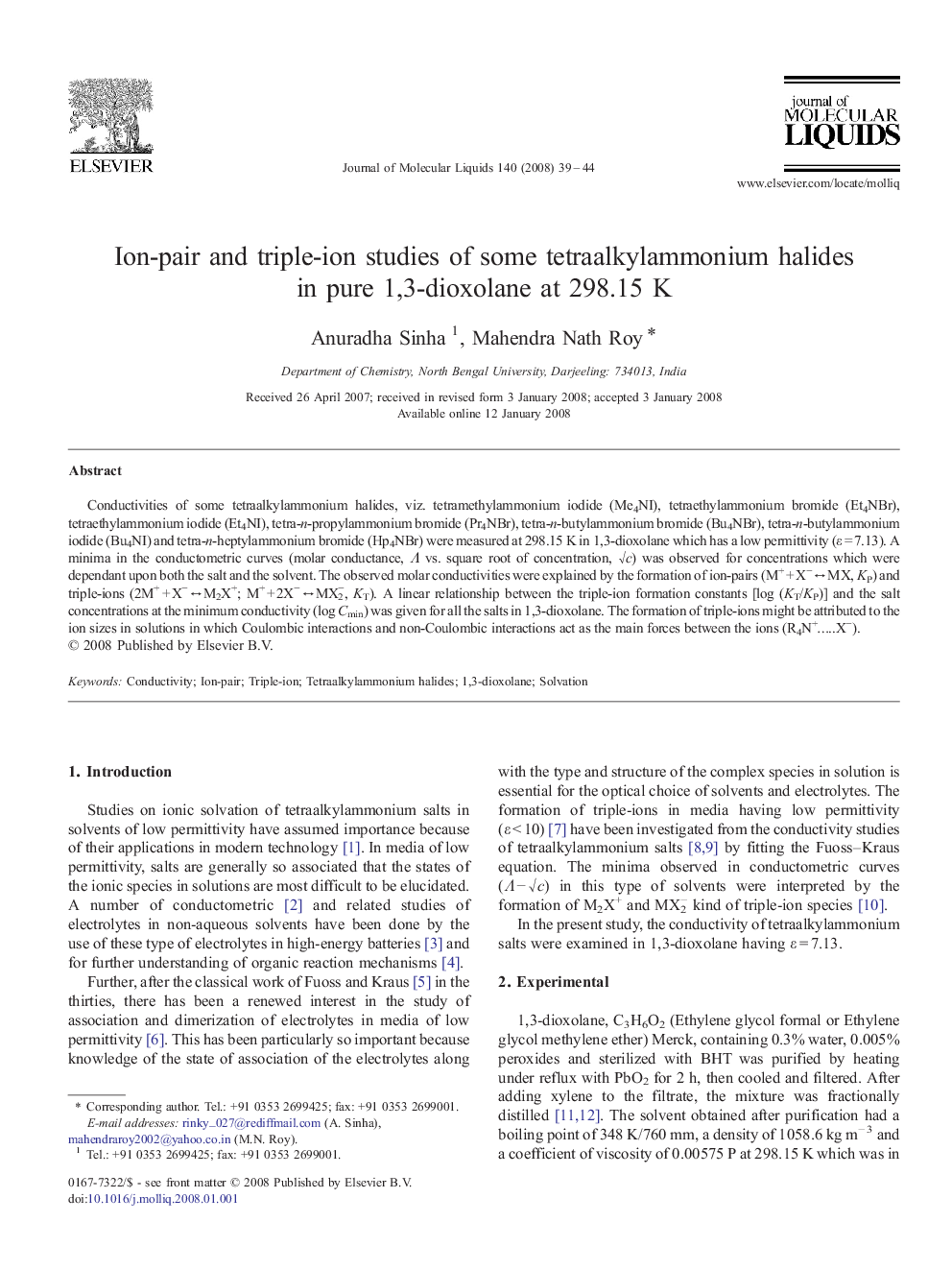 Ion-pair and triple-ion studies of some tetraalkylammonium halides in pure 1,3-dioxolane at 298.15Â K