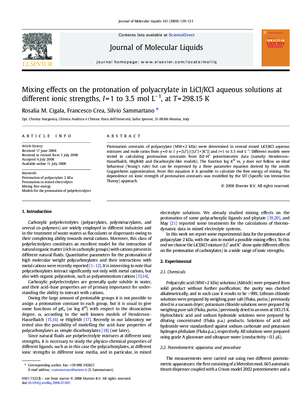 Mixing effects on the protonation of polyacrylate in LiCl/KCl aqueous solutions at different ionic strengths, IÂ =Â 1 to 3.5Â mol LâÂ 1, at TÂ =Â 298.15Â K