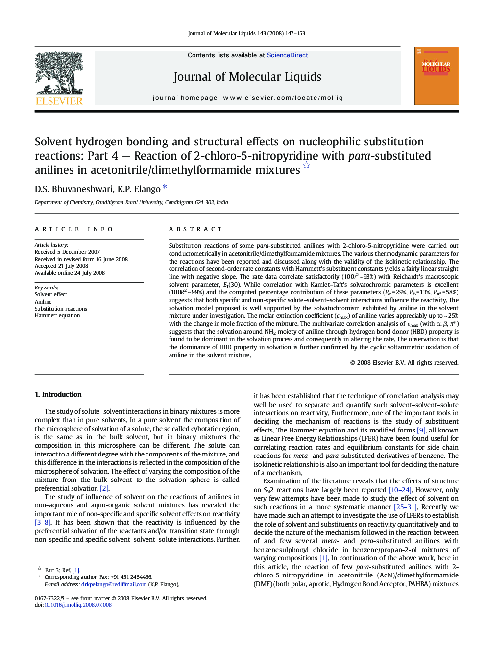 Solvent hydrogen bonding and structural effects on nucleophilic substitution reactions: Part 4 - Reaction of 2-chloro-5-nitropyridine with para-substituted anilines in acetonitrile/dimethylformamide mixtures