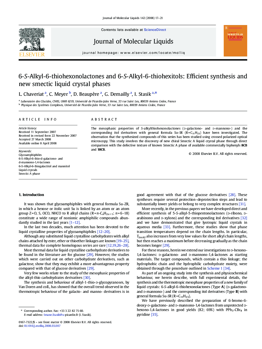 6-S-Alkyl-6-thiohexonolactones and 6-S-Alkyl-6-thiohexitols: Efficient synthesis and new smectic liquid crystal phases