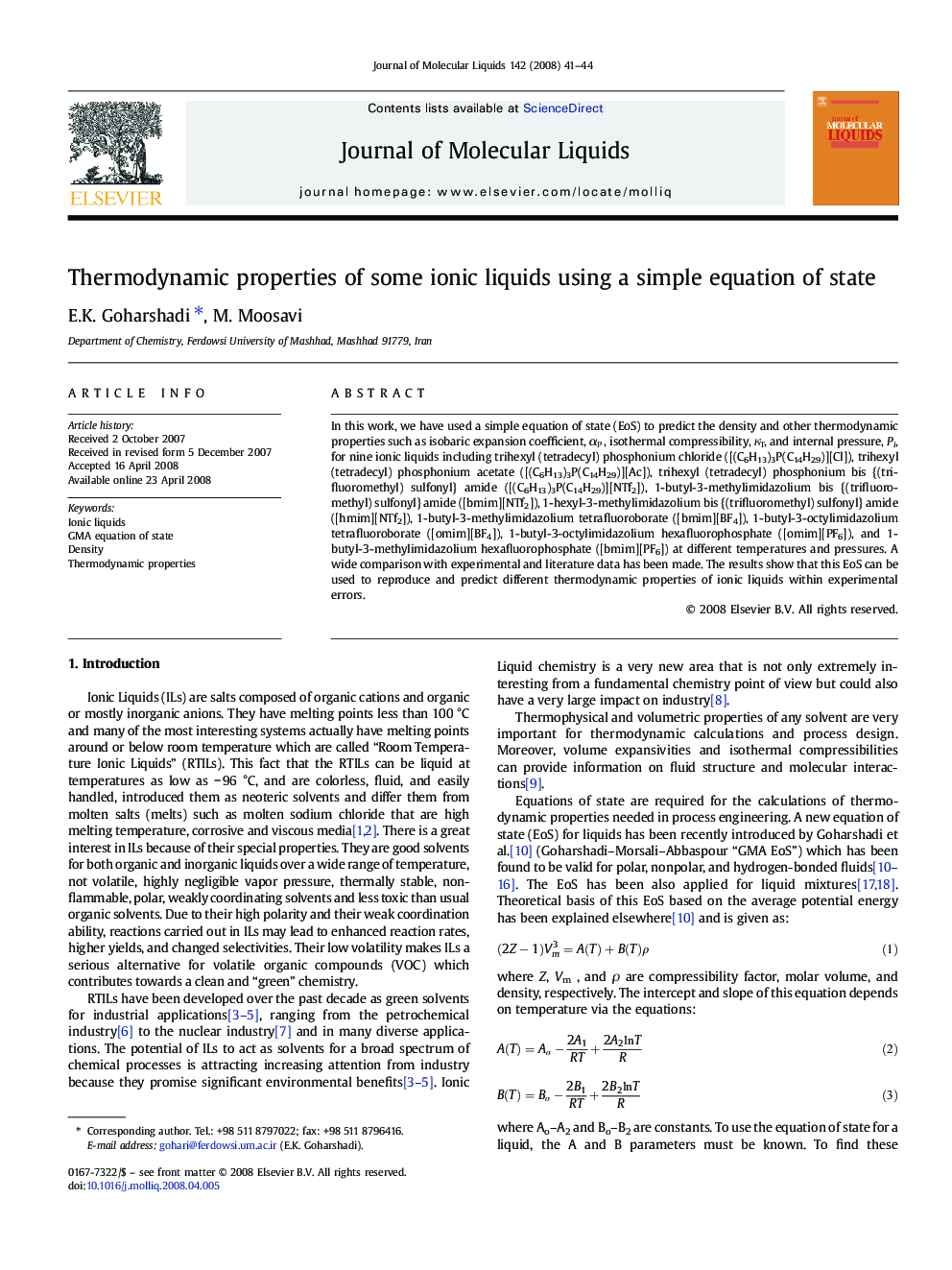 Thermodynamic properties of some ionic liquids using a simple equation of state