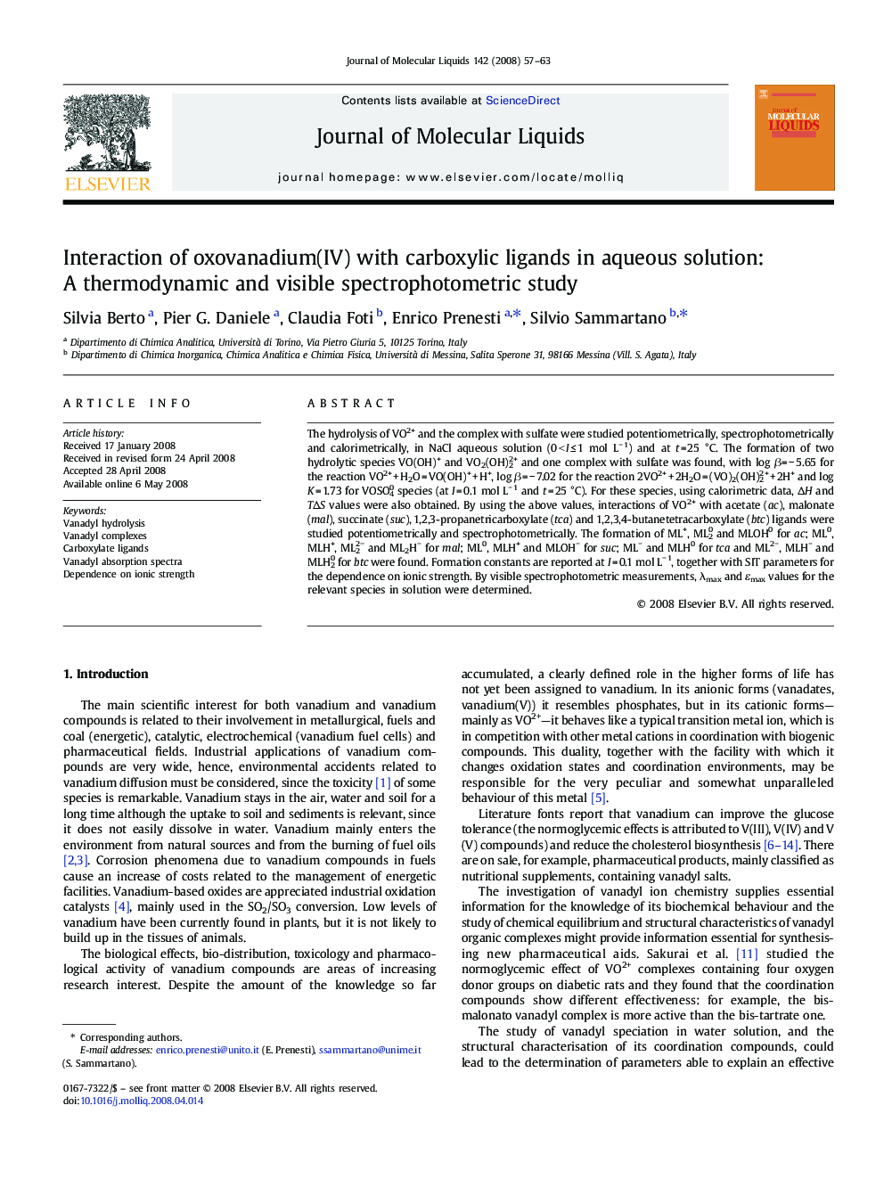 Interaction of oxovanadium(IV) with carboxylic ligands in aqueous solution: A thermodynamic and visible spectrophotometric study