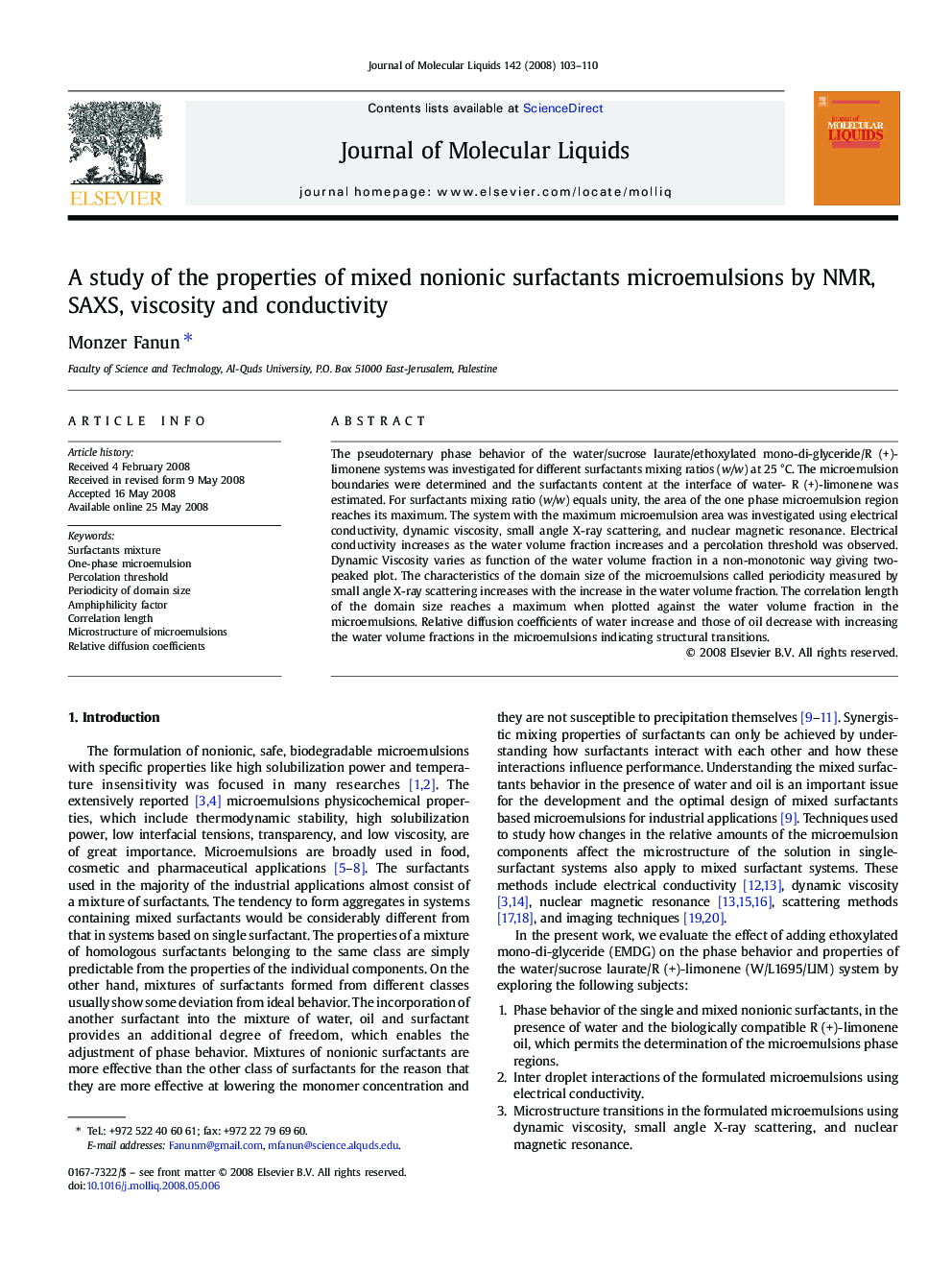 A study of the properties of mixed nonionic surfactants microemulsions by NMR, SAXS, viscosity and conductivity