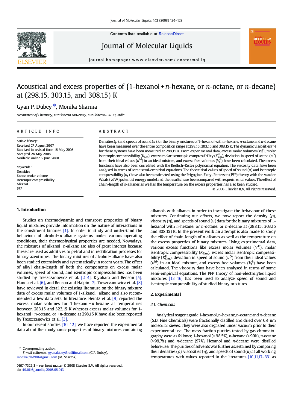 Acoustical and excess properties of {1-hexanolÂ +Â n-hexane, or n-octane, or n-decane} at (298.15, 303.15, and 308.15) K