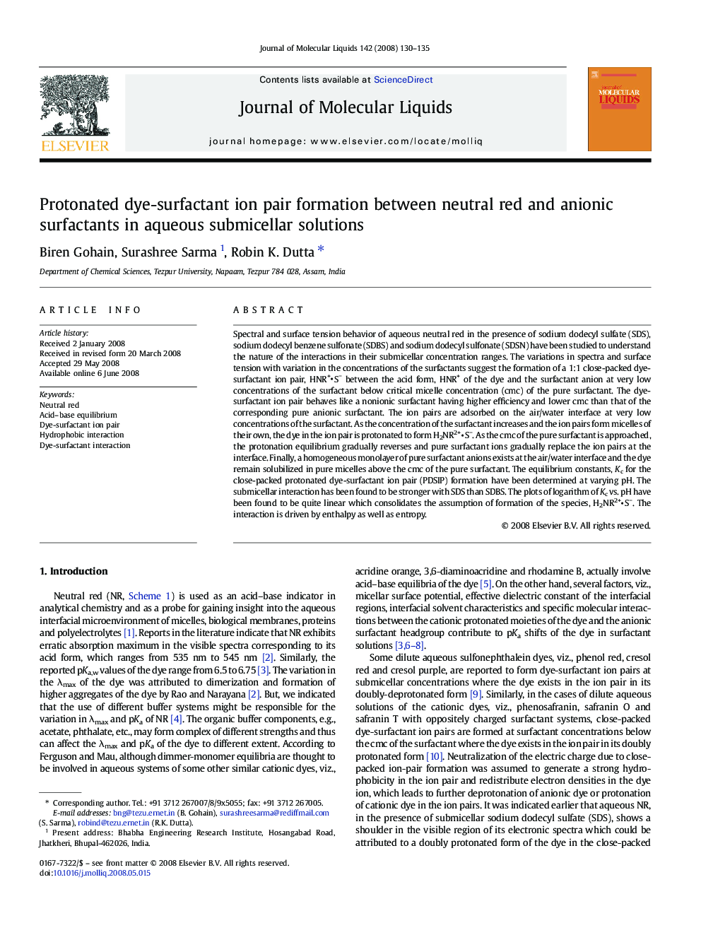 Protonated dye-surfactant ion pair formation between neutral red and anionic surfactants in aqueous submicellar solutions