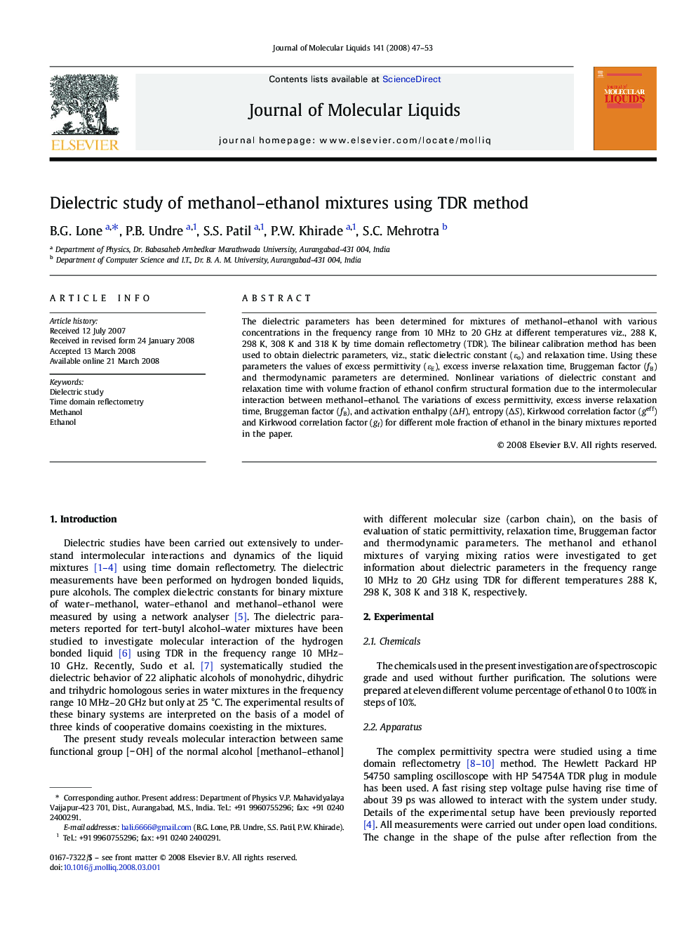 Dielectric study of methanol-ethanol mixtures using TDR method