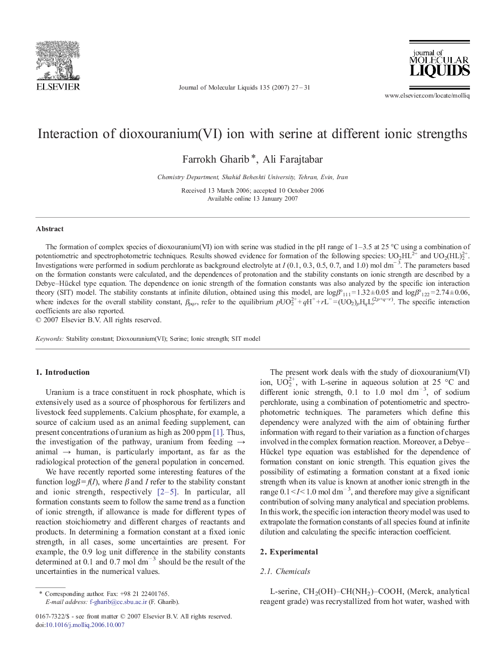 Interaction of dioxouranium(VI) ion with serine at different ionic strengths