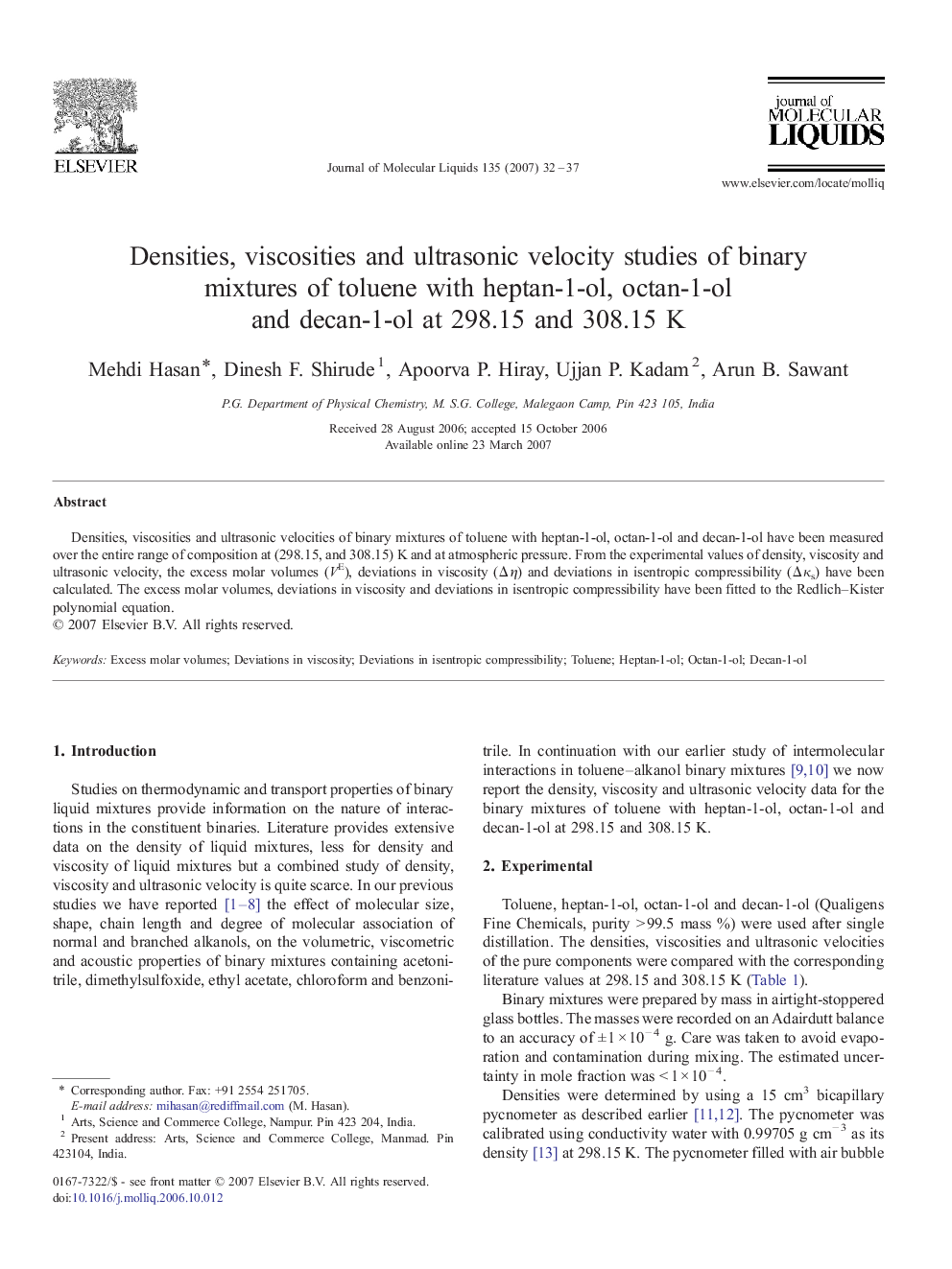 Densities, viscosities and ultrasonic velocity studies of binary mixtures of toluene with heptan-1-ol, octan-1-ol and decan-1-ol at 298.15 and 308.15Â K