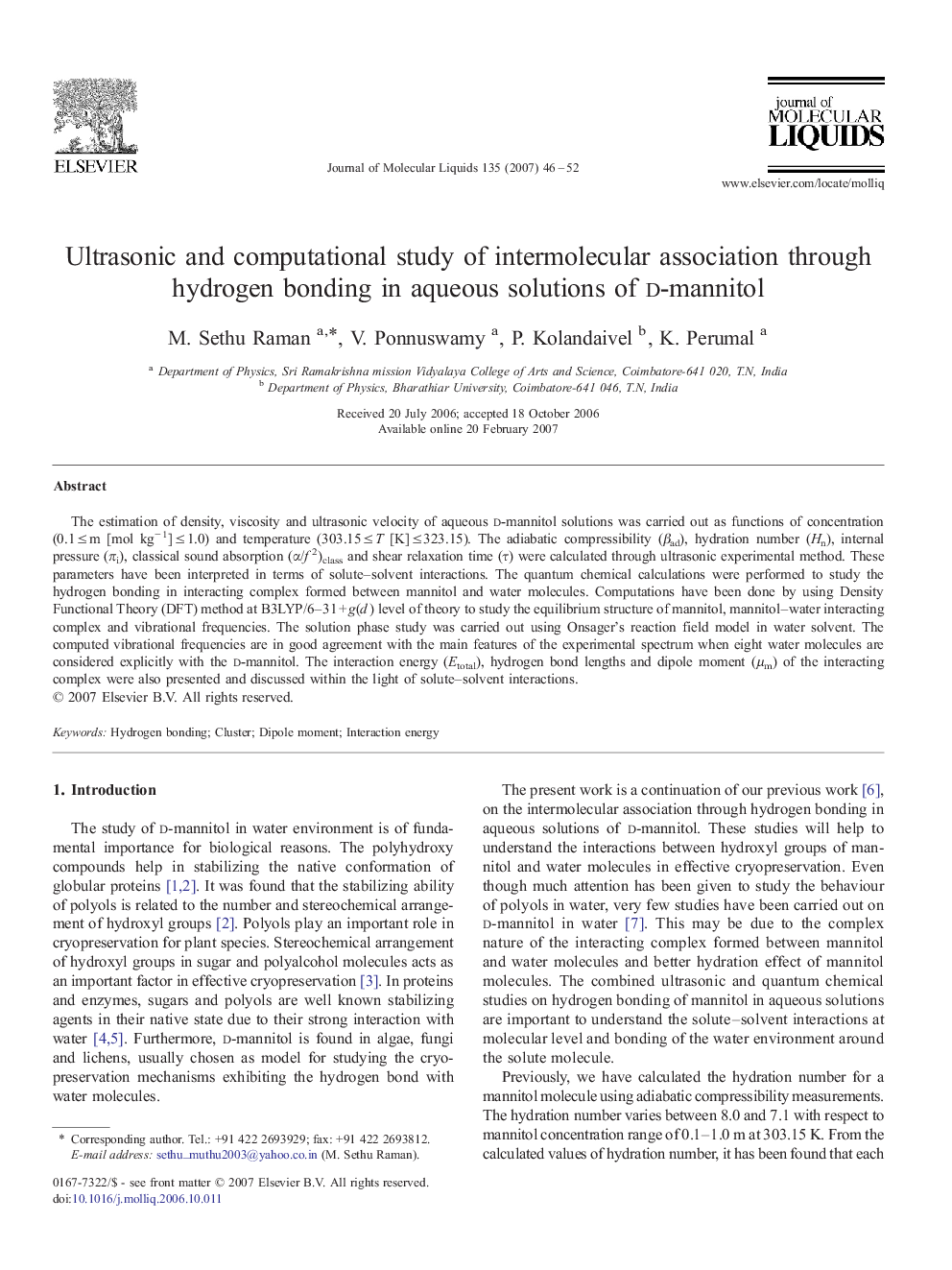 Ultrasonic and computational study of intermolecular association through hydrogen bonding in aqueous solutions of d-mannitol