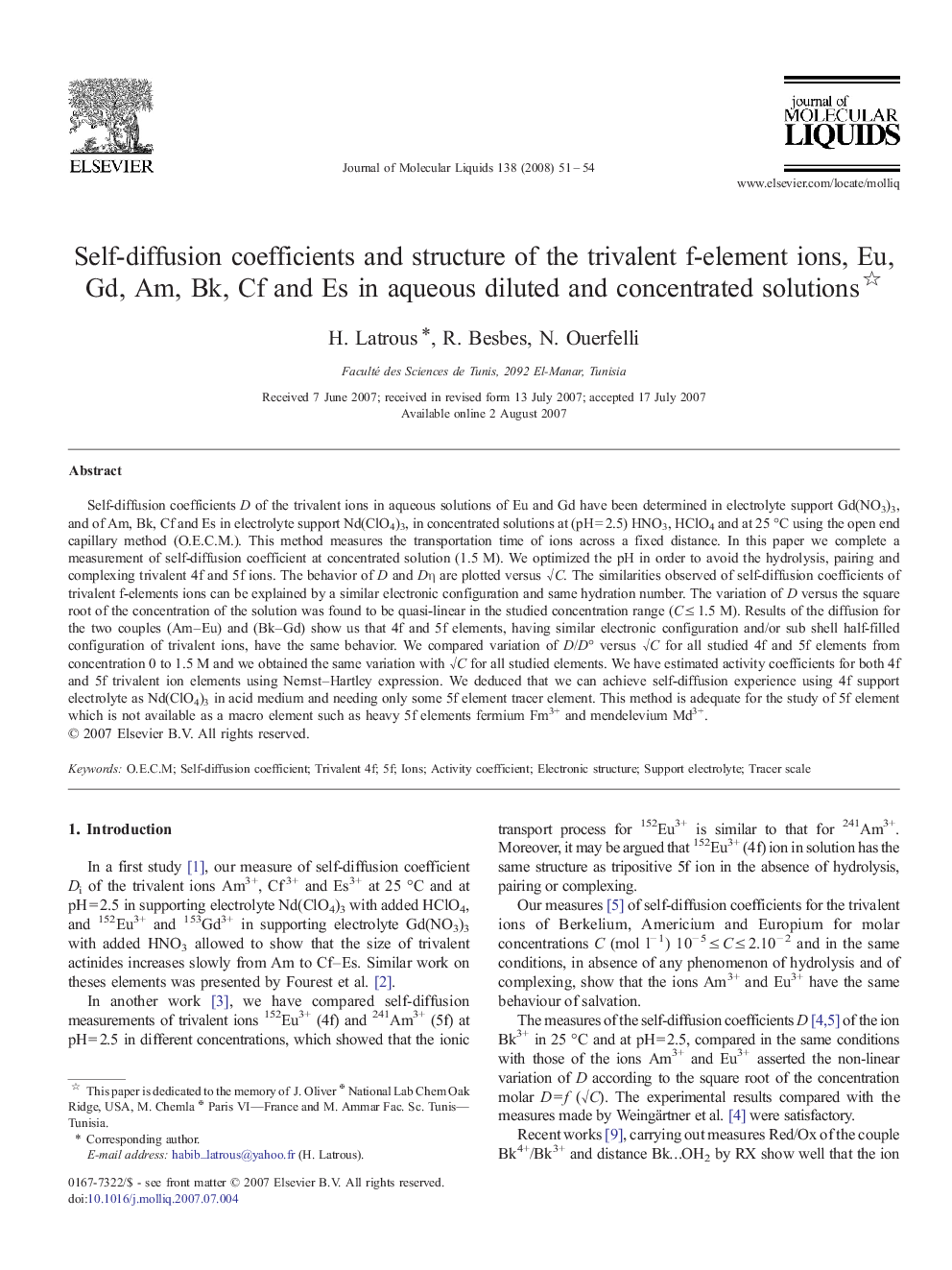 عکس صفحه اول مقاله: Self-diffusion coefficients and structure of the trivalent f-element ions, Eu, Gd, Am, Bk, Cf and Es in aqueous diluted and concentrated solutions Self-diffusion coefficients and structure of the trivalent f-element ions, Eu, Gd, Am, Bk, Cf and Es in aqueous diluted and concentrated solutions