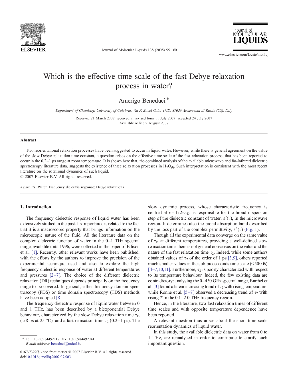 Which is the effective time scale of the fast Debye relaxation process in water?