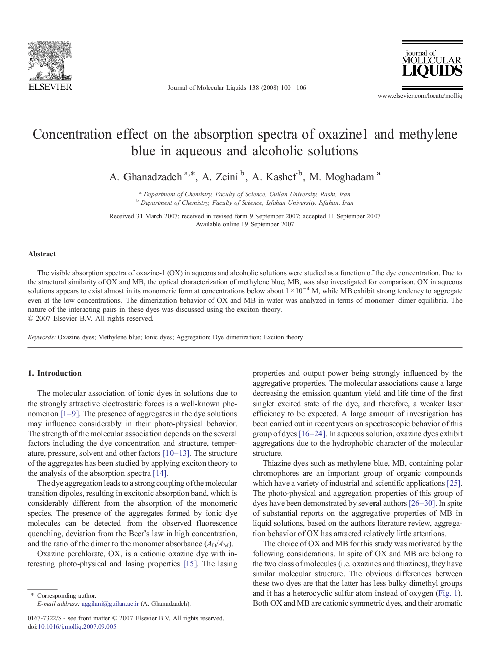 Concentration effect on the absorption spectra of oxazine1 and methylene blue in aqueous and alcoholic solutions