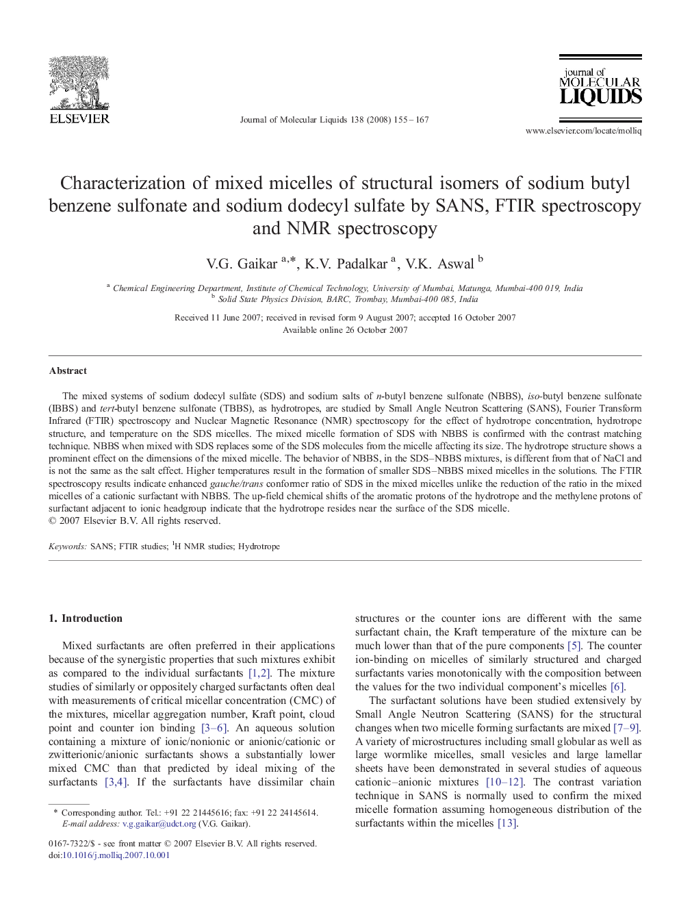 Characterization of mixed micelles of structural isomers of sodium butyl benzene sulfonate and sodium dodecyl sulfate by SANS, FTIR spectroscopy and NMR spectroscopy