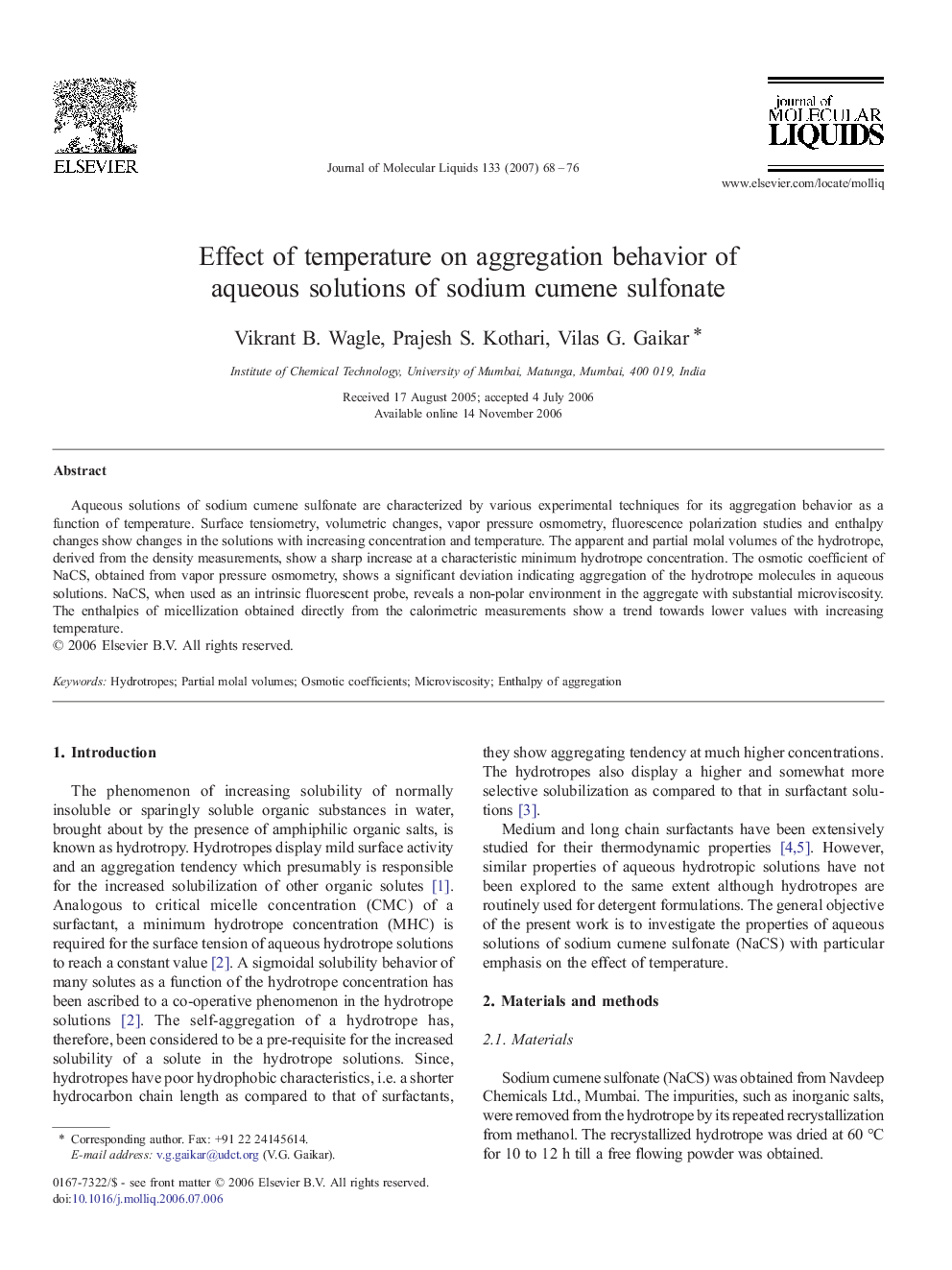 Effect of temperature on aggregation behavior of aqueous solutions of sodium cumene sulfonate