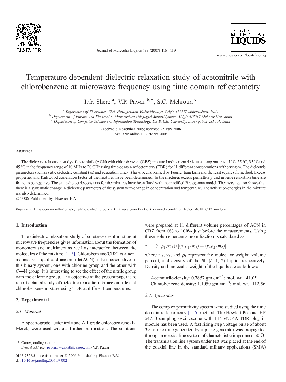 Temperature dependent dielectric relaxation study of acetonitrile with chlorobenzene at microwave frequency using time domain reflectometry