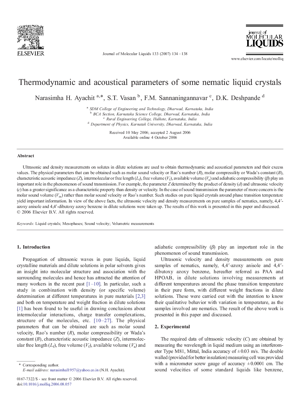Thermodynamic and acoustical parameters of some nematic liquid crystals