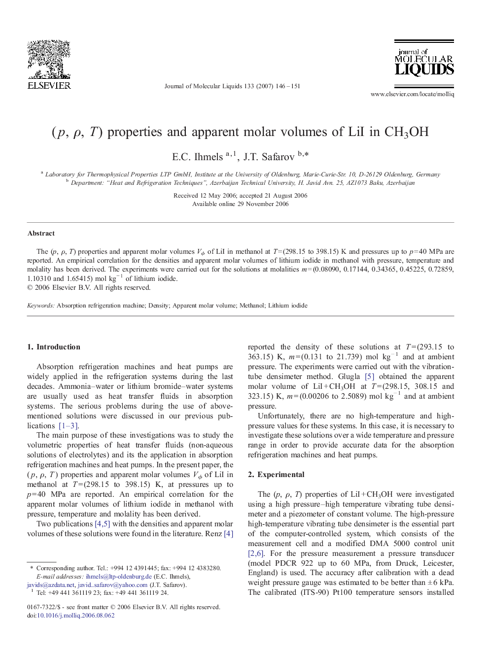 (p, Ï, T) properties and apparent molar volumes of LiI in CH3OH