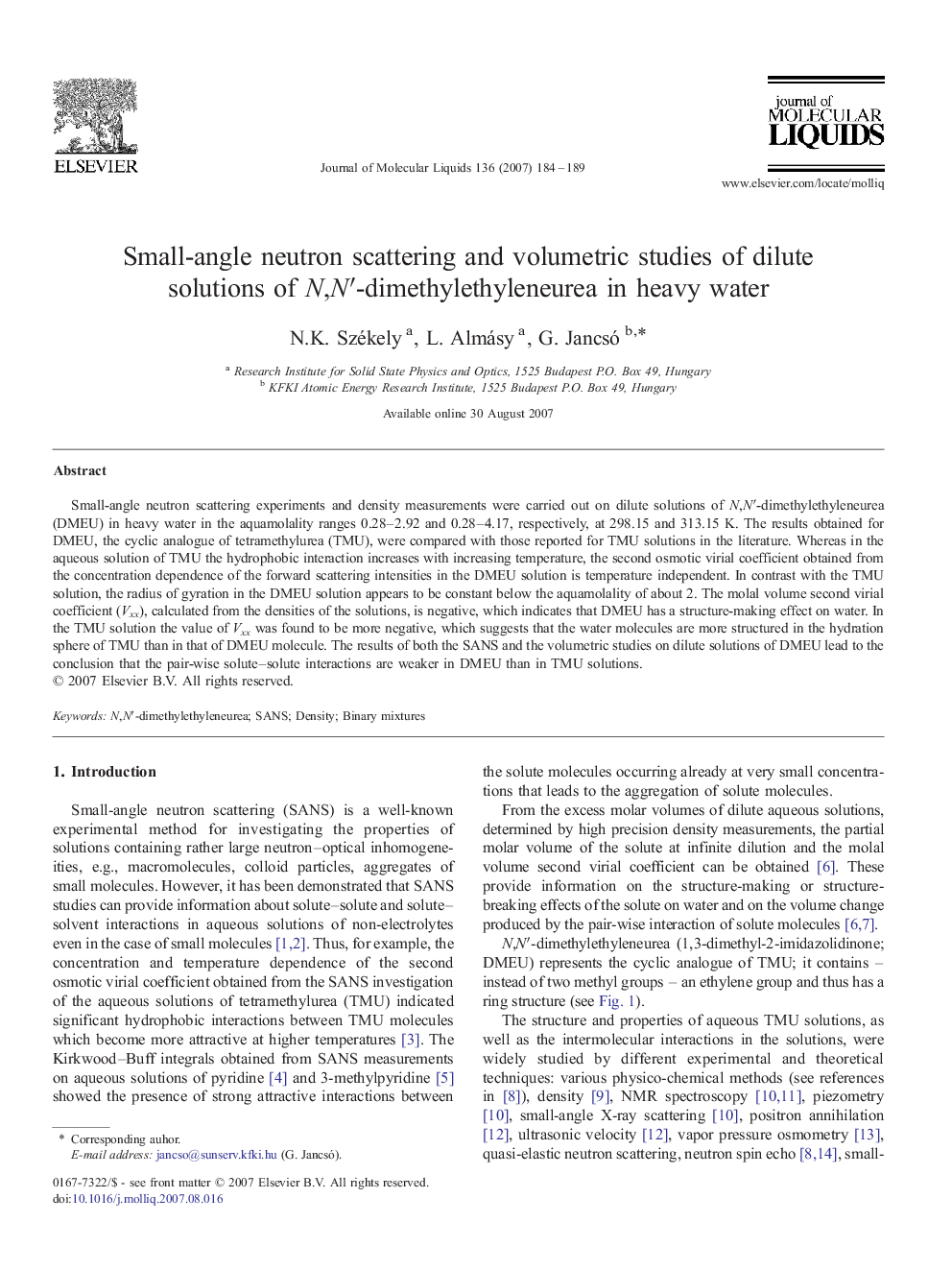 Small-angle neutron scattering and volumetric studies of dilute solutions of N,Nâ²-dimethylethyleneurea in heavy water