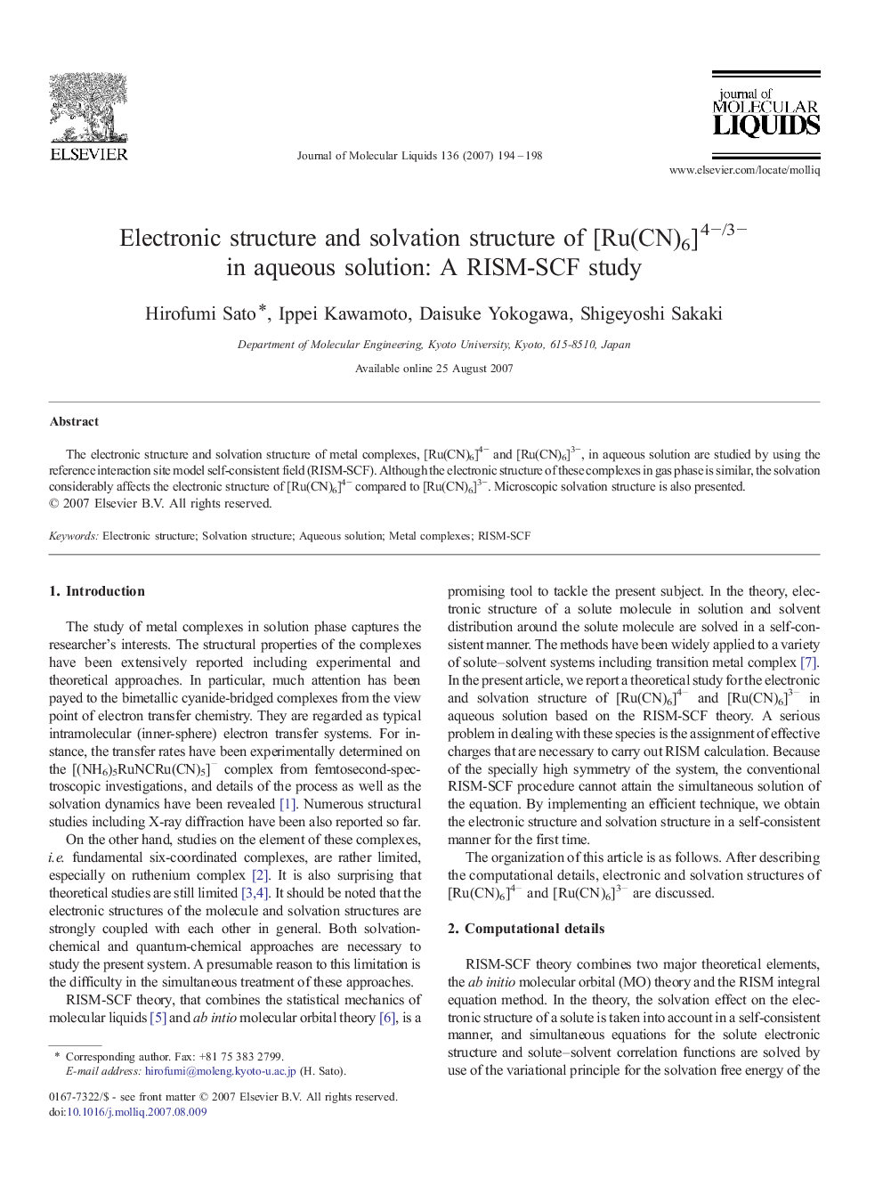 Electronic structure and solvation structure of [Ru(CN)6]4â/3â in aqueous solution: A RISM-SCF study