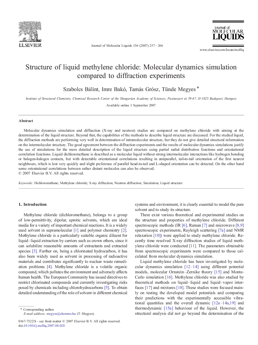 Structure of liquid methylene chloride: Molecular dynamics simulation compared to diffraction experiments