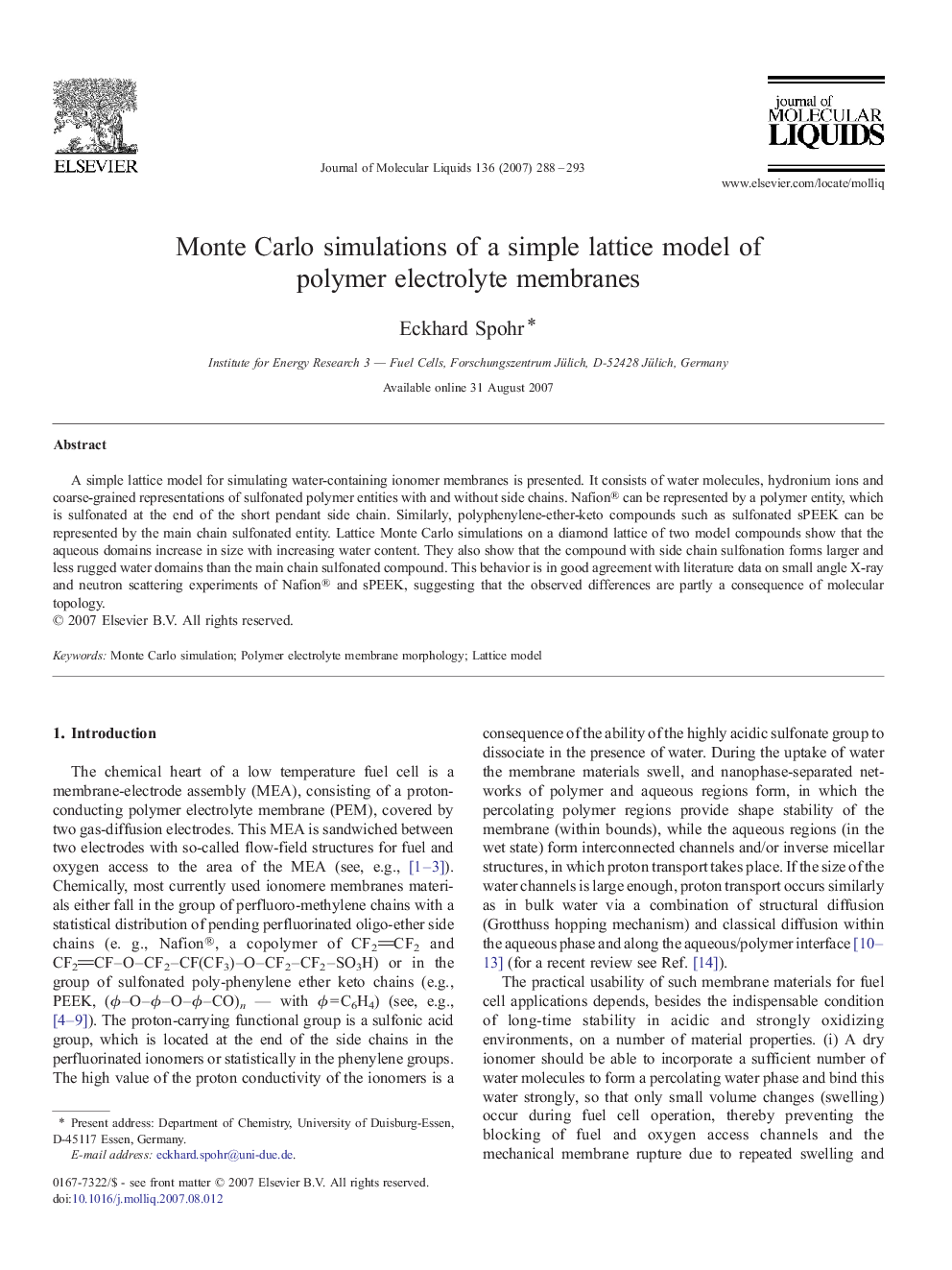 Monte Carlo simulations of a simple lattice model of polymer electrolyte membranes