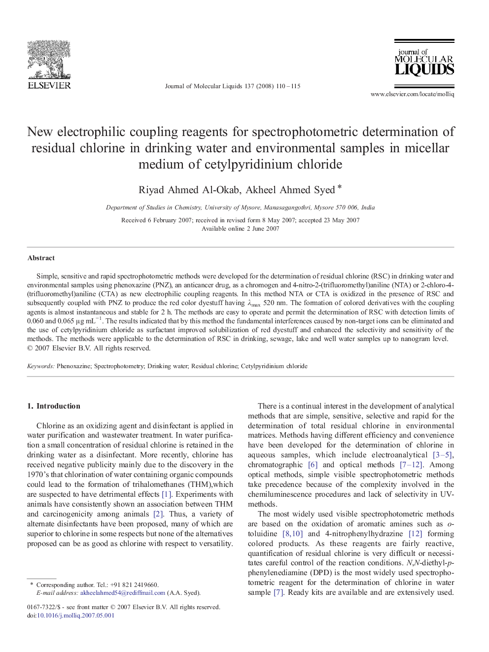 New electrophilic coupling reagents for spectrophotometric determination of residual chlorine in drinking water and environmental samples in micellar medium of cetylpyridinium chloride