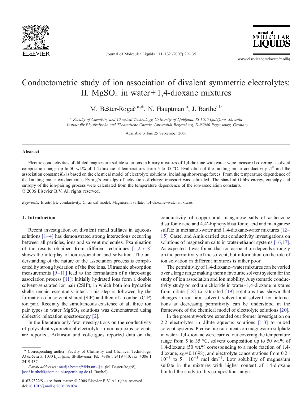 Conductometric study of ion association of divalent symmetric electrolytes: II. MgSO4 in waterÂ +Â 1,4-dioxane mixtures