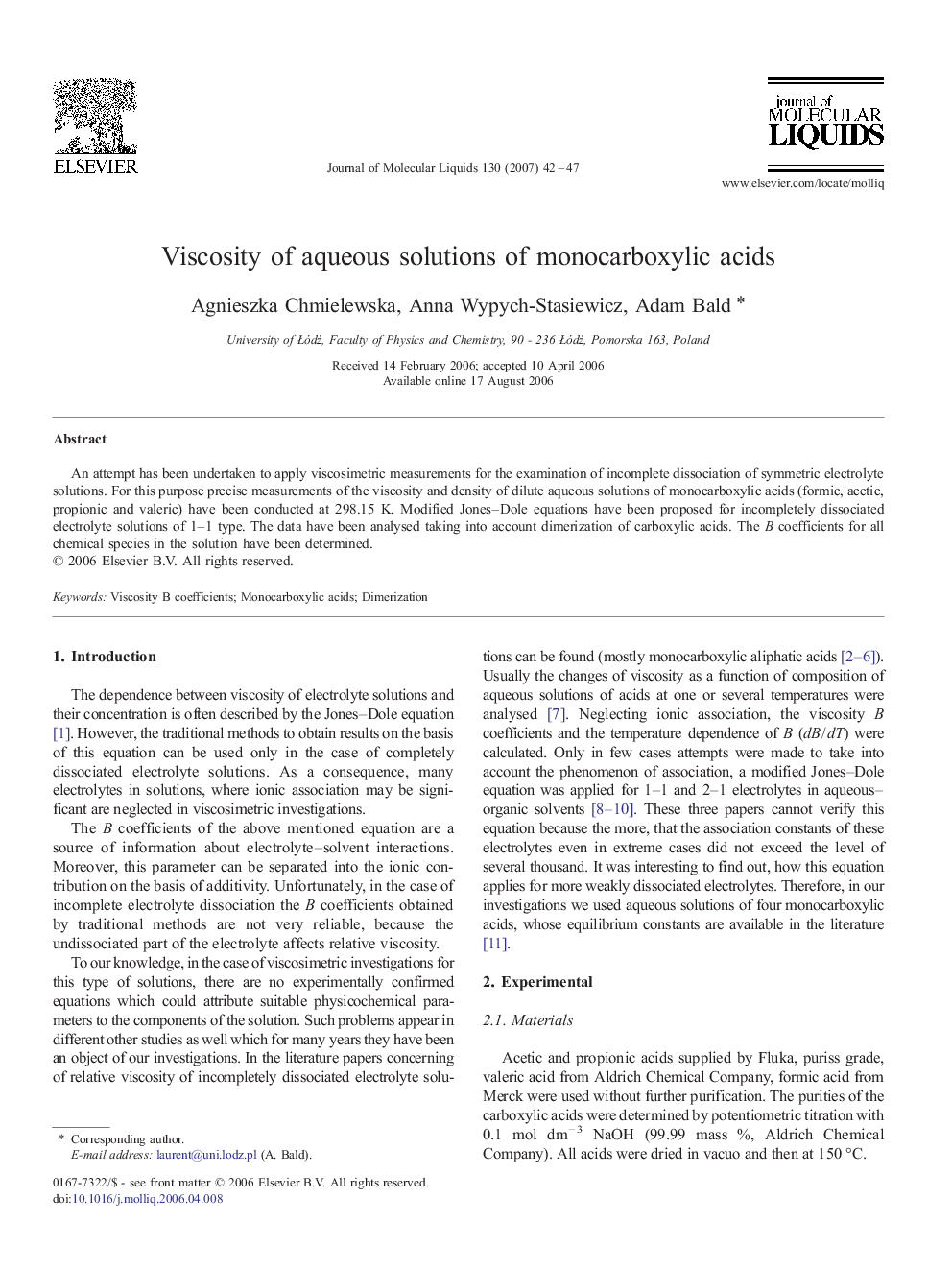 Viscosity of aqueous solutions of monocarboxylic acids