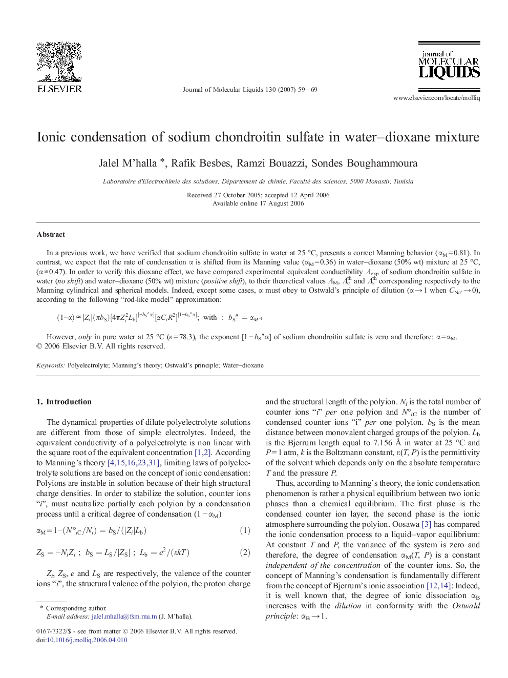 Ionic condensation of sodium chondroitin sulfate in water-dioxane mixture