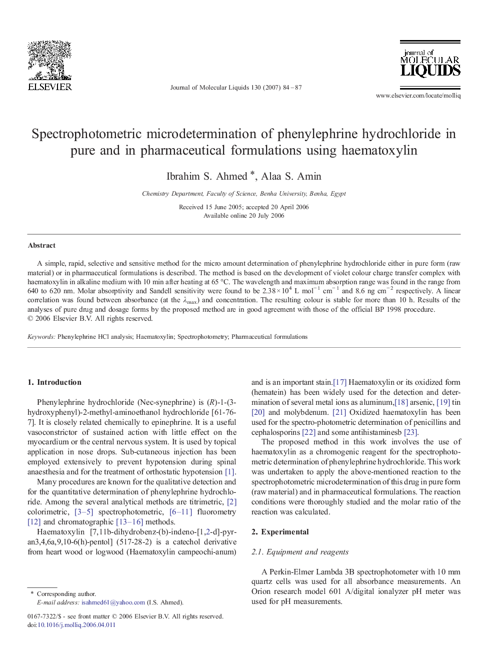 Spectrophotometric microdetermination of phenylephrine hydrochloride in pure and in pharmaceutical formulations using haematoxylin