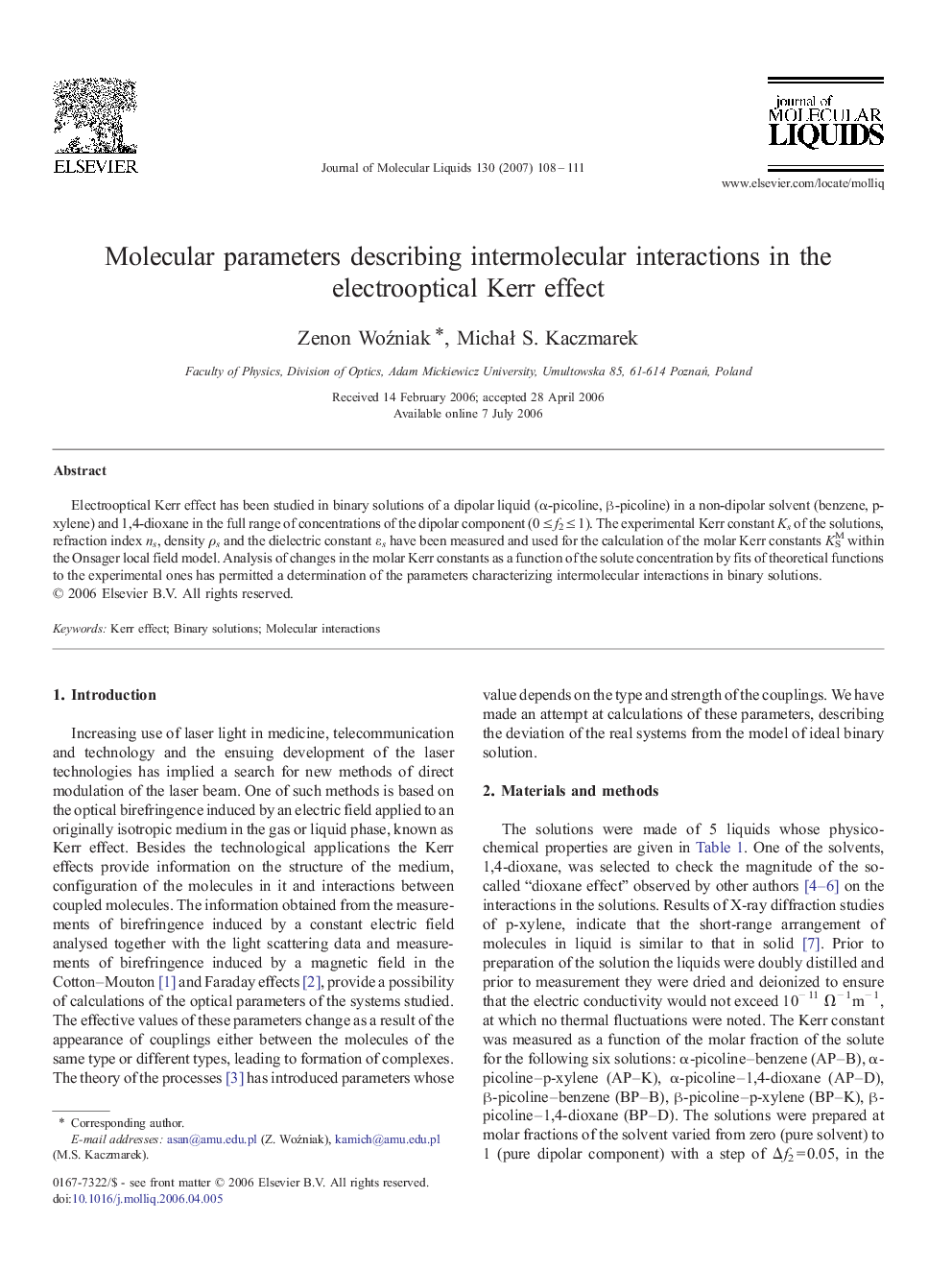 Molecular parameters describing intermolecular interactions in the electrooptical Kerr effect