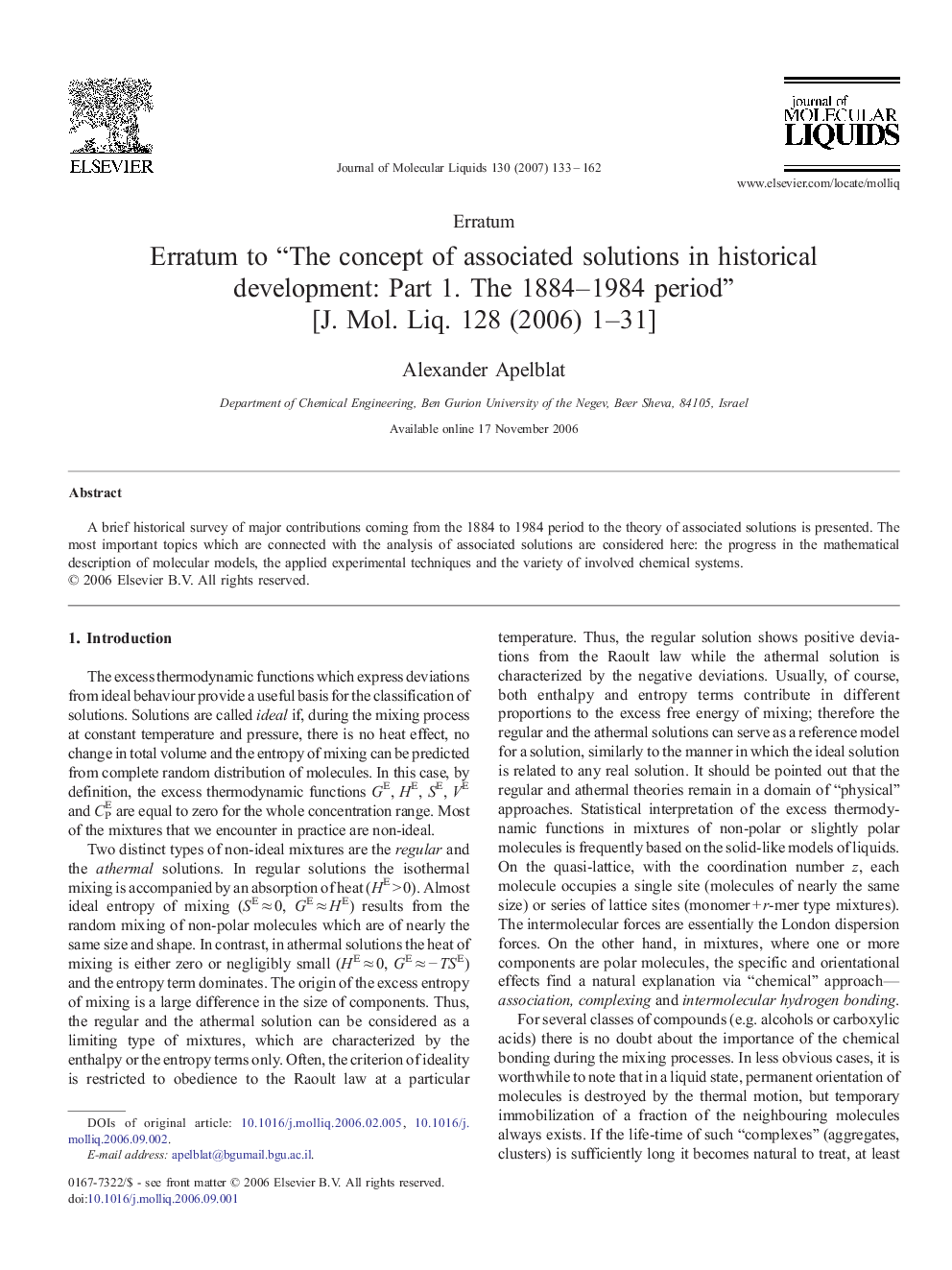 Erratum to “The concept of associated solutions in historical development: Part 1. The 1884-1984 period” [J. Mol. Liq. 128 (2006) 1-31]