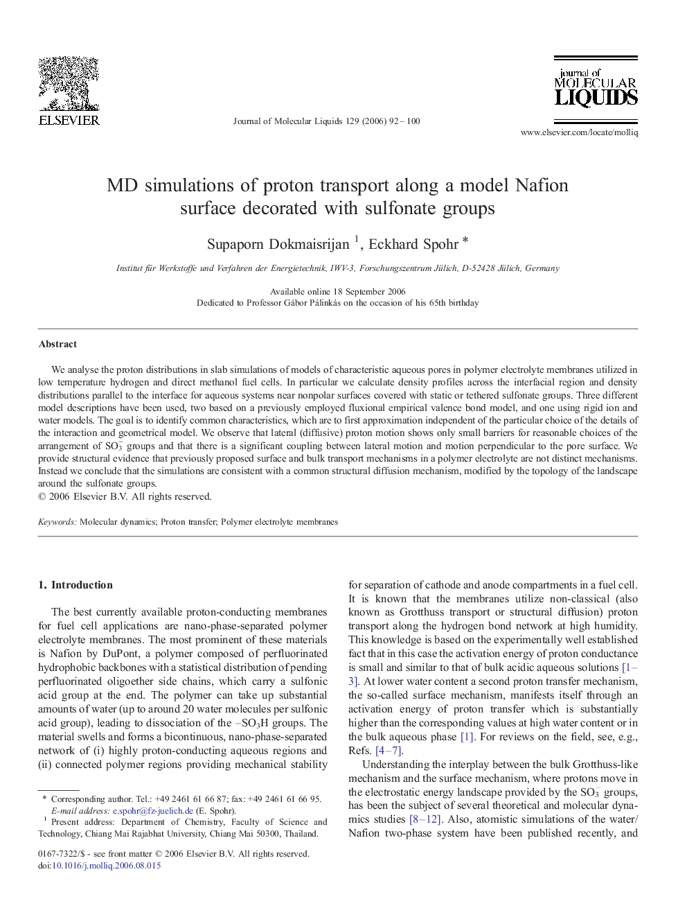 MD simulations of proton transport along a model Nafion surface decorated with sulfonate groups