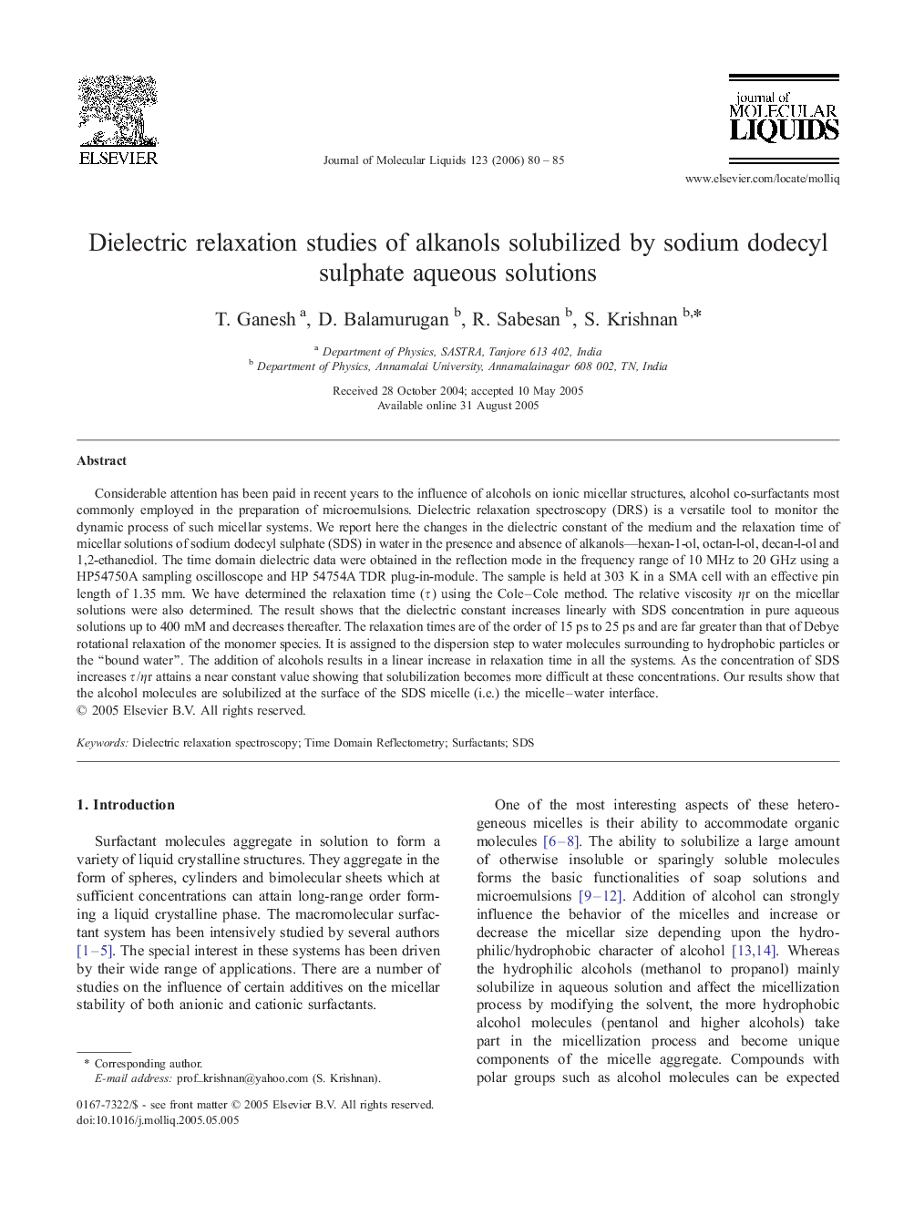 Dielectric relaxation studies of alkanols solubilized by sodium dodecyl sulphate aqueous solutions