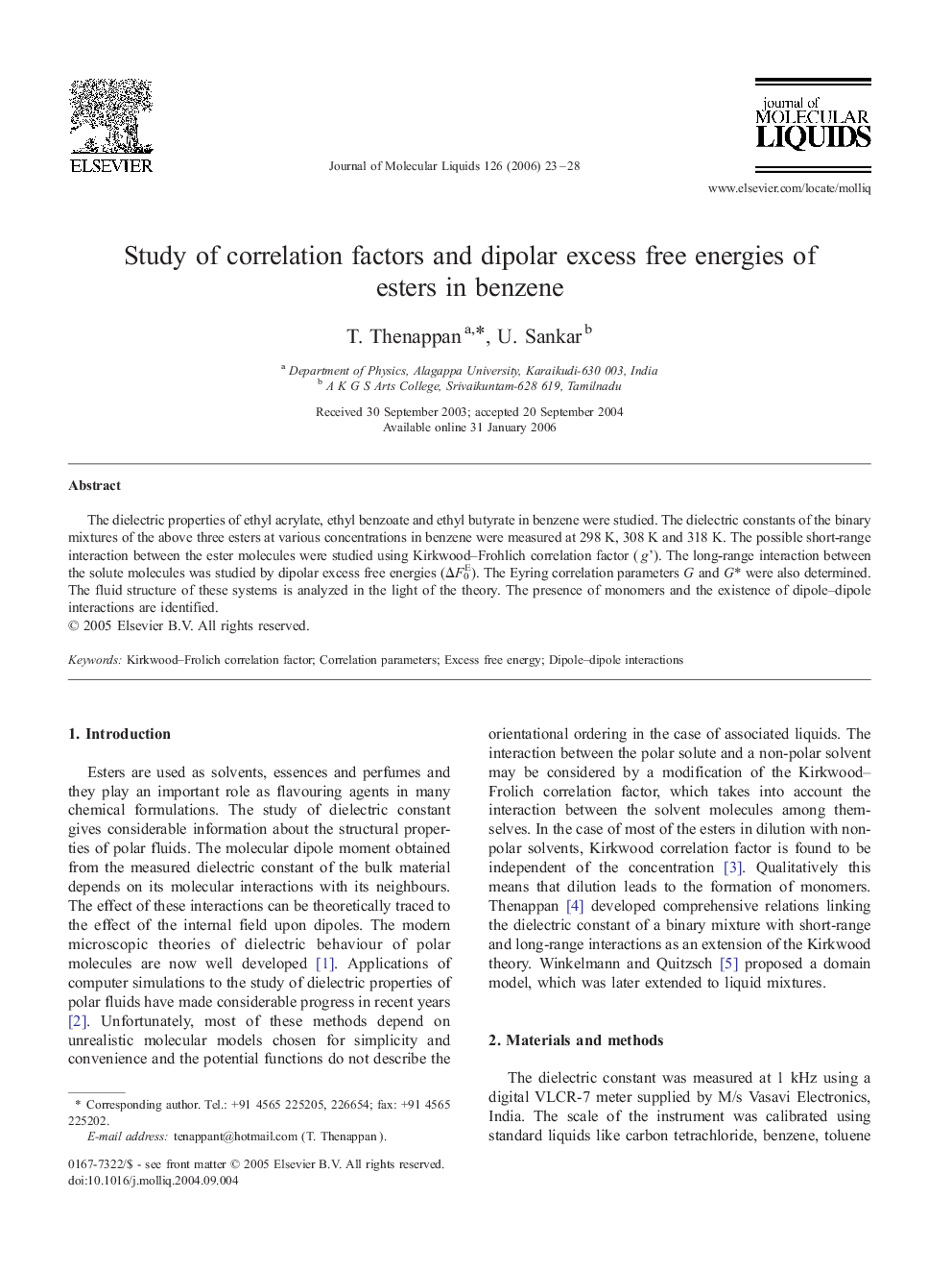 Study of correlation factors and dipolar excess free energies of esters in benzene