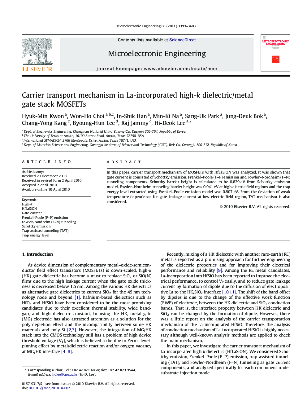 Carrier transport mechanism in La-incorporated high-k dielectric/metal gate stack MOSFETs