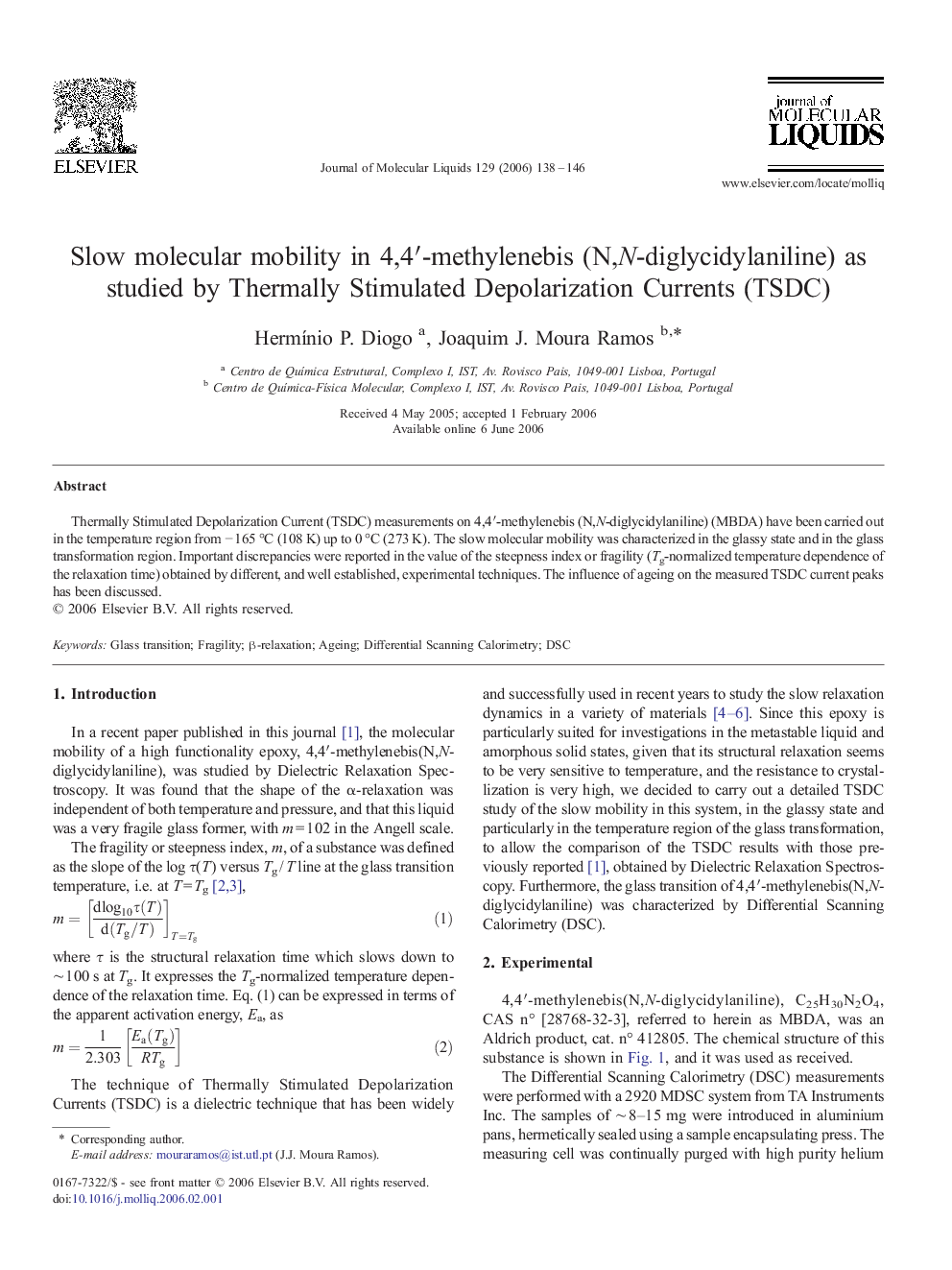 Slow molecular mobility in 4,4â²-methylenebis (N,N-diglycidylaniline) as studied by Thermally Stimulated Depolarization Currents (TSDC)