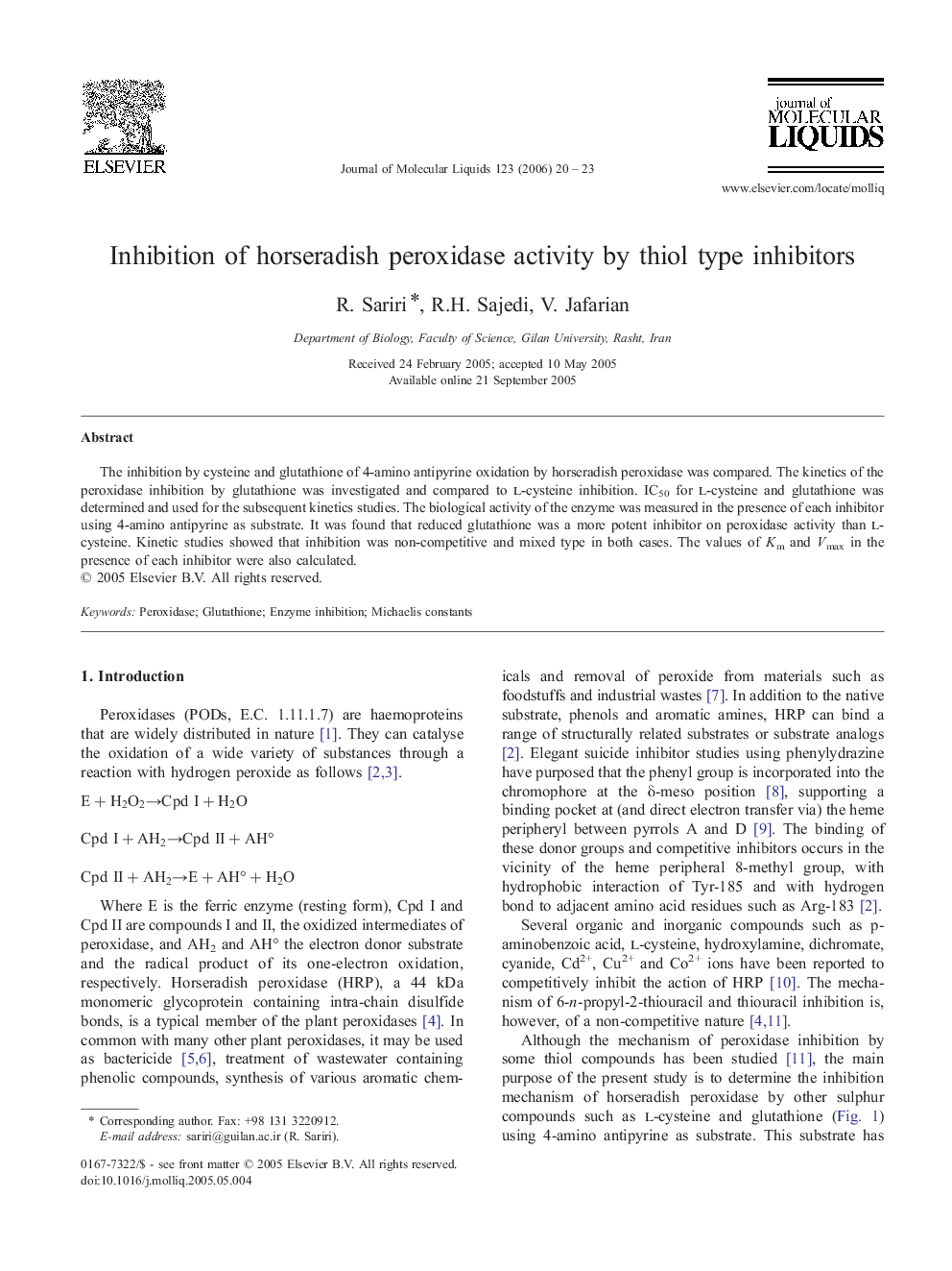 Inhibition of horseradish peroxidase activity by thiol type inhibitors