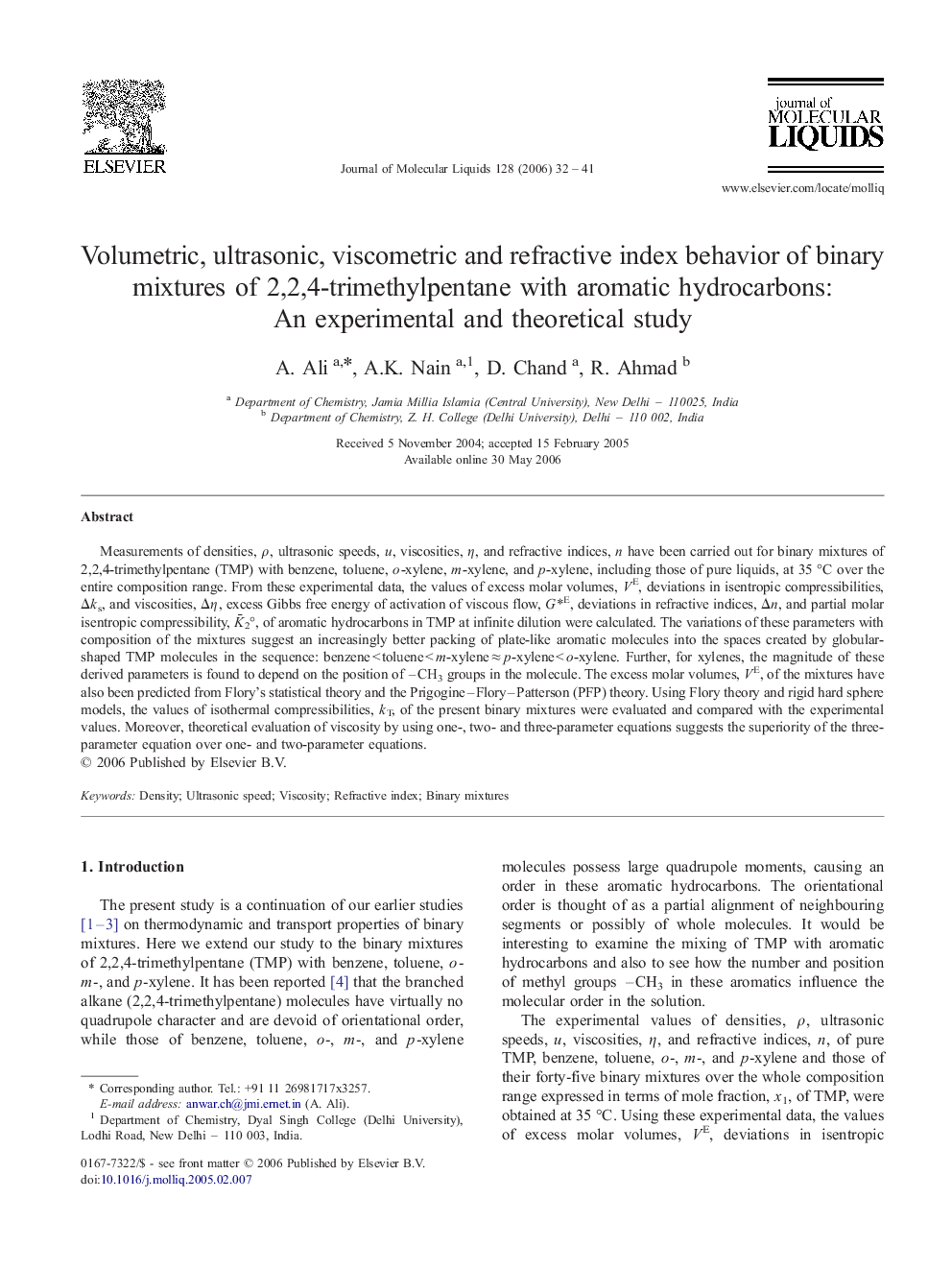 Volumetric, ultrasonic, viscometric and refractive index behavior of binary mixtures of 2,2,4-trimethylpentane with aromatic hydrocarbons: An experimental and theoretical study