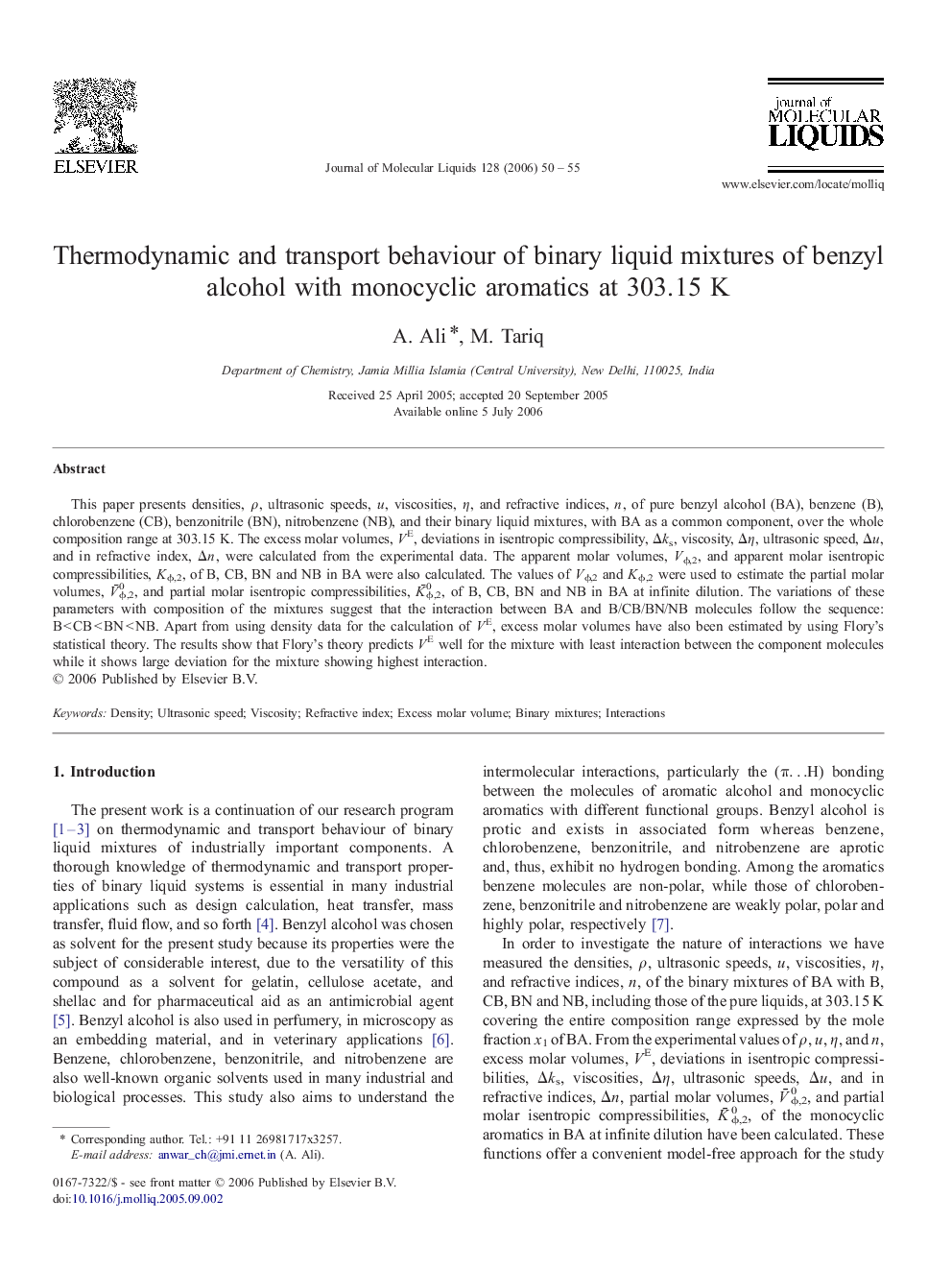 Thermodynamic and transport behaviour of binary liquid mixtures of benzyl alcohol with monocyclic aromatics at 303.15 K