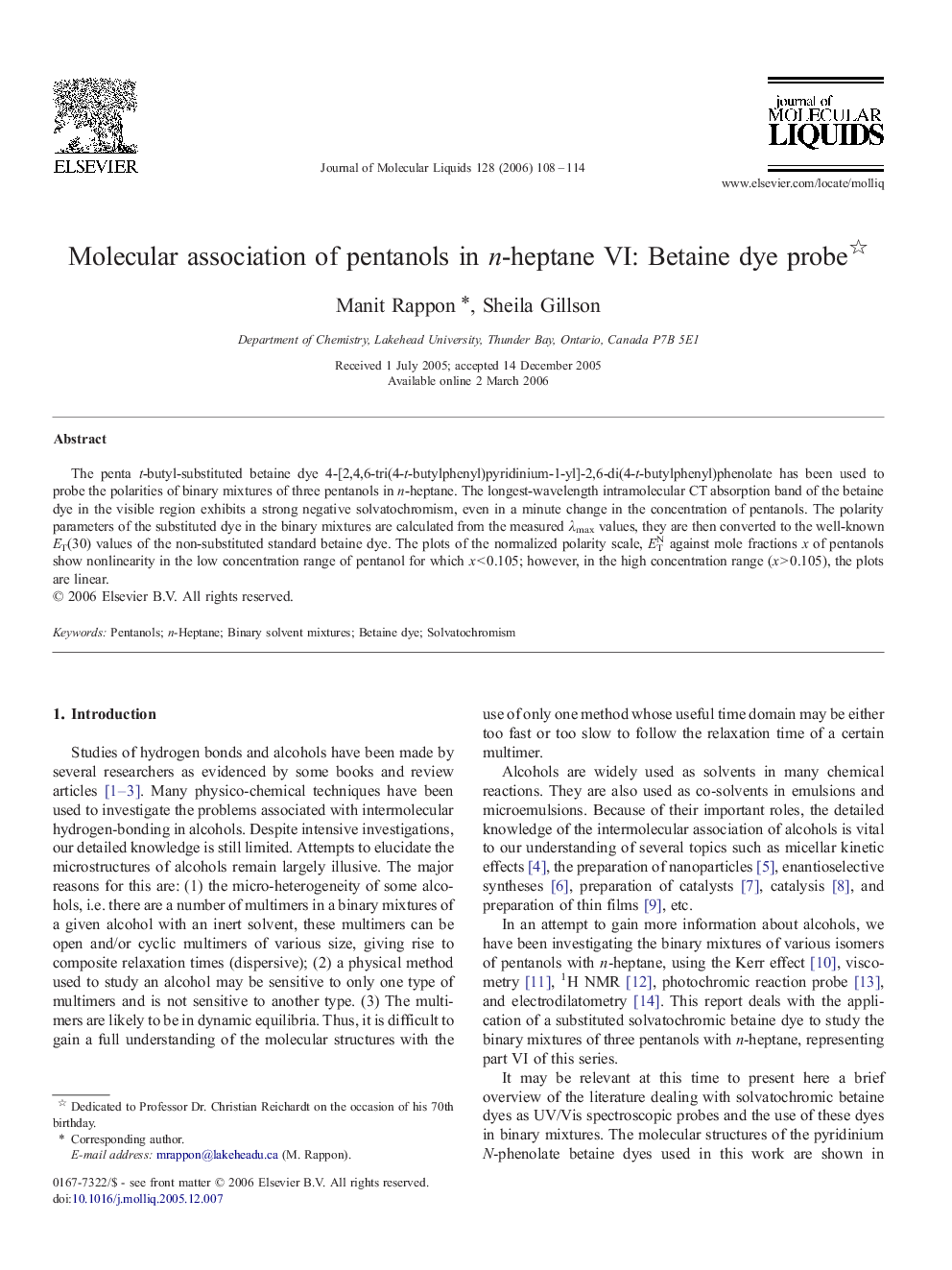 Molecular association of pentanols in n-heptane VI: Betaine dye probe