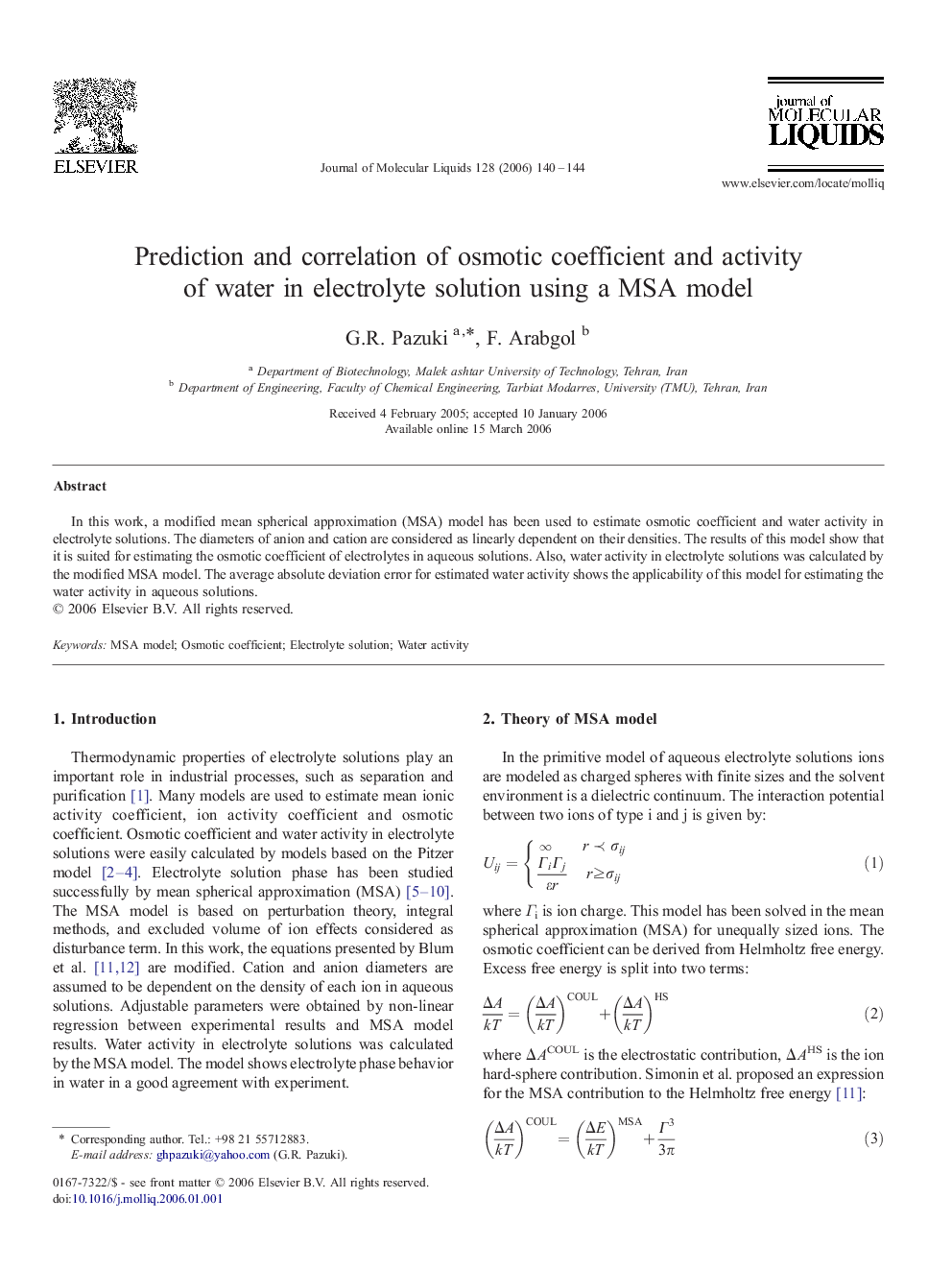 Prediction and correlation of osmotic coefficient and activity of water in electrolyte solution using a MSA model