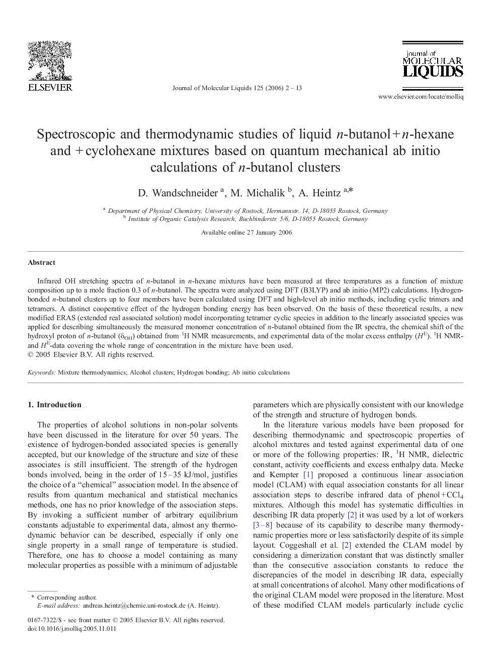 Spectroscopic and thermodynamic studies of liquid n-butanolÂ +Â n-hexane and +Â cyclohexane mixtures based on quantum mechanical ab initio calculations of n-butanol clusters