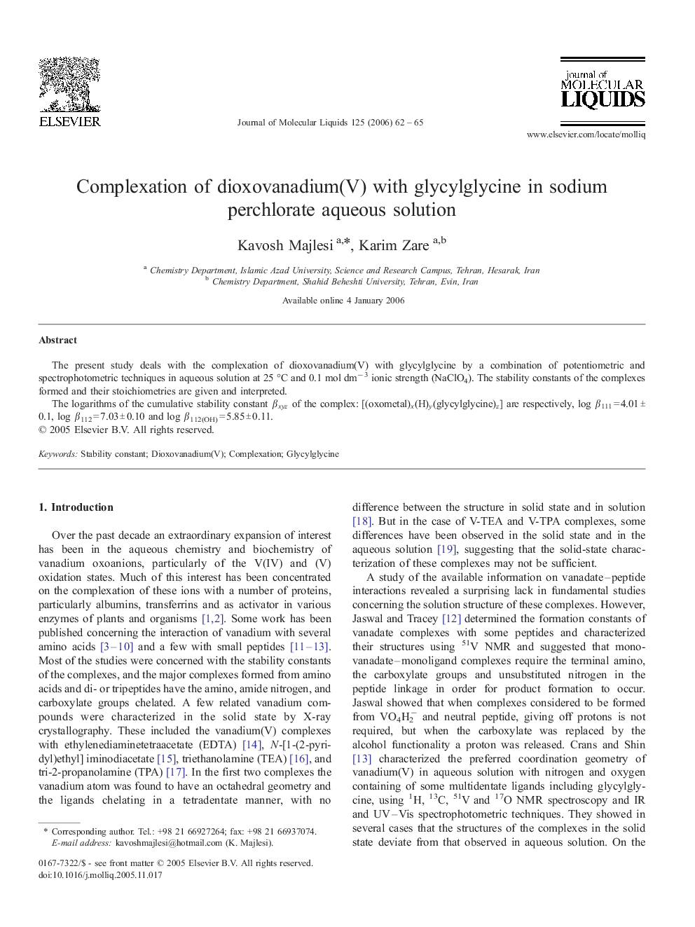 Complexation of dioxovanadium(V) with glycylglycine in sodium perchlorate aqueous solution