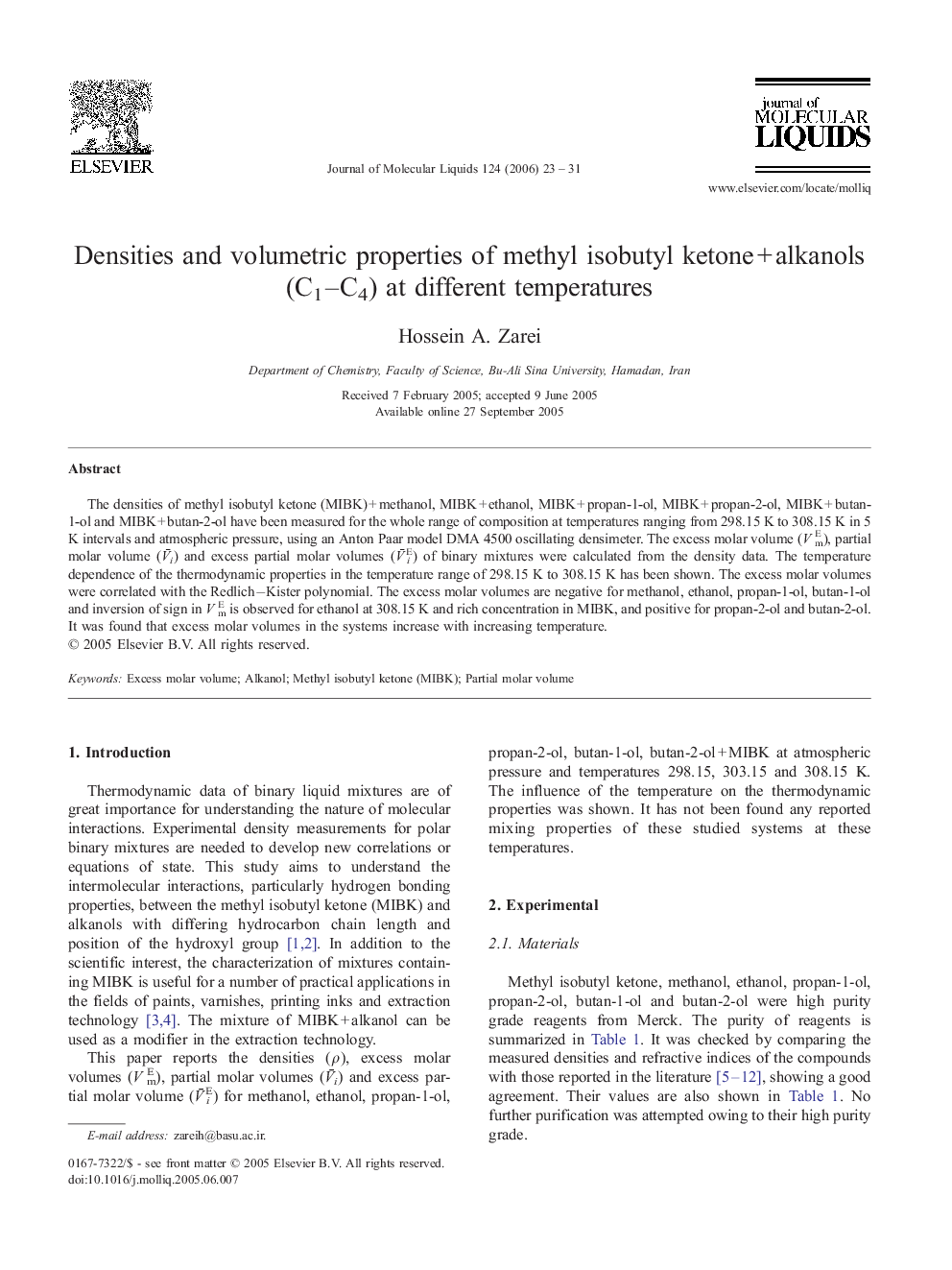Densities and volumetric properties of methyl isobutyl ketoneÂ +Â alkanols (C1-C4) at different temperatures