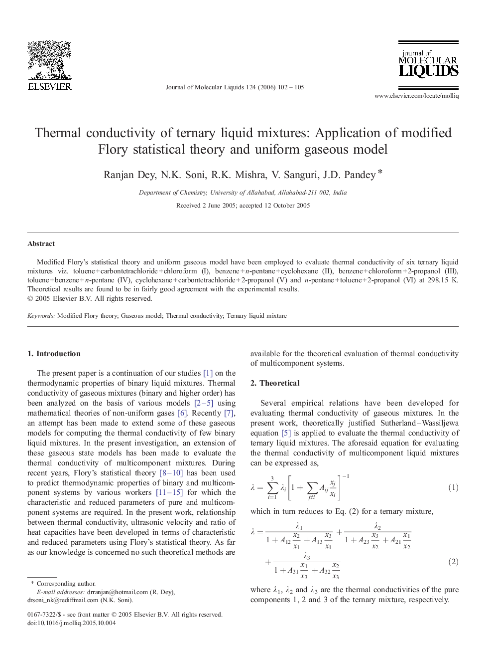 Thermal conductivity of ternary liquid mixtures: Application of modified Flory statistical theory and uniform gaseous model