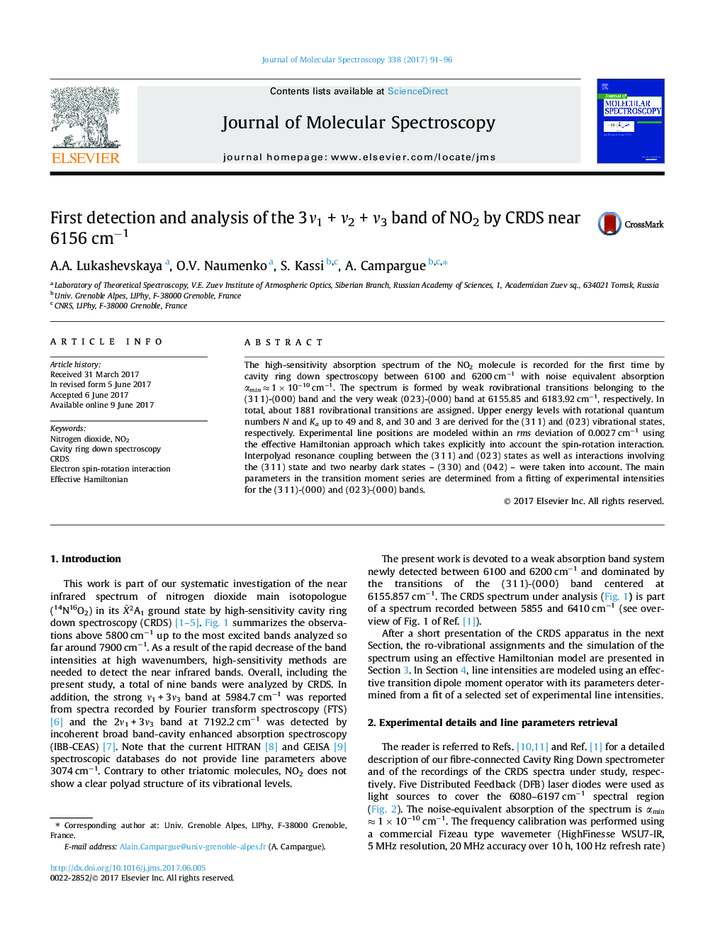 First detection and analysis of the 3Î½1Â +Â Î½2Â +Â Î½3 band of NO2 by CRDS near 6156Â cmâ1