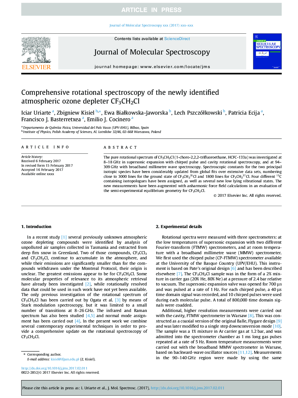 عکس صفحه اول مقاله: Comprehensive rotational spectroscopy of the newly identified atmospheric ozone depleter CF3CH2Cl Comprehensive rotational spectroscopy of the newly identified atmospheric ozone depleter CF3CH2Cl