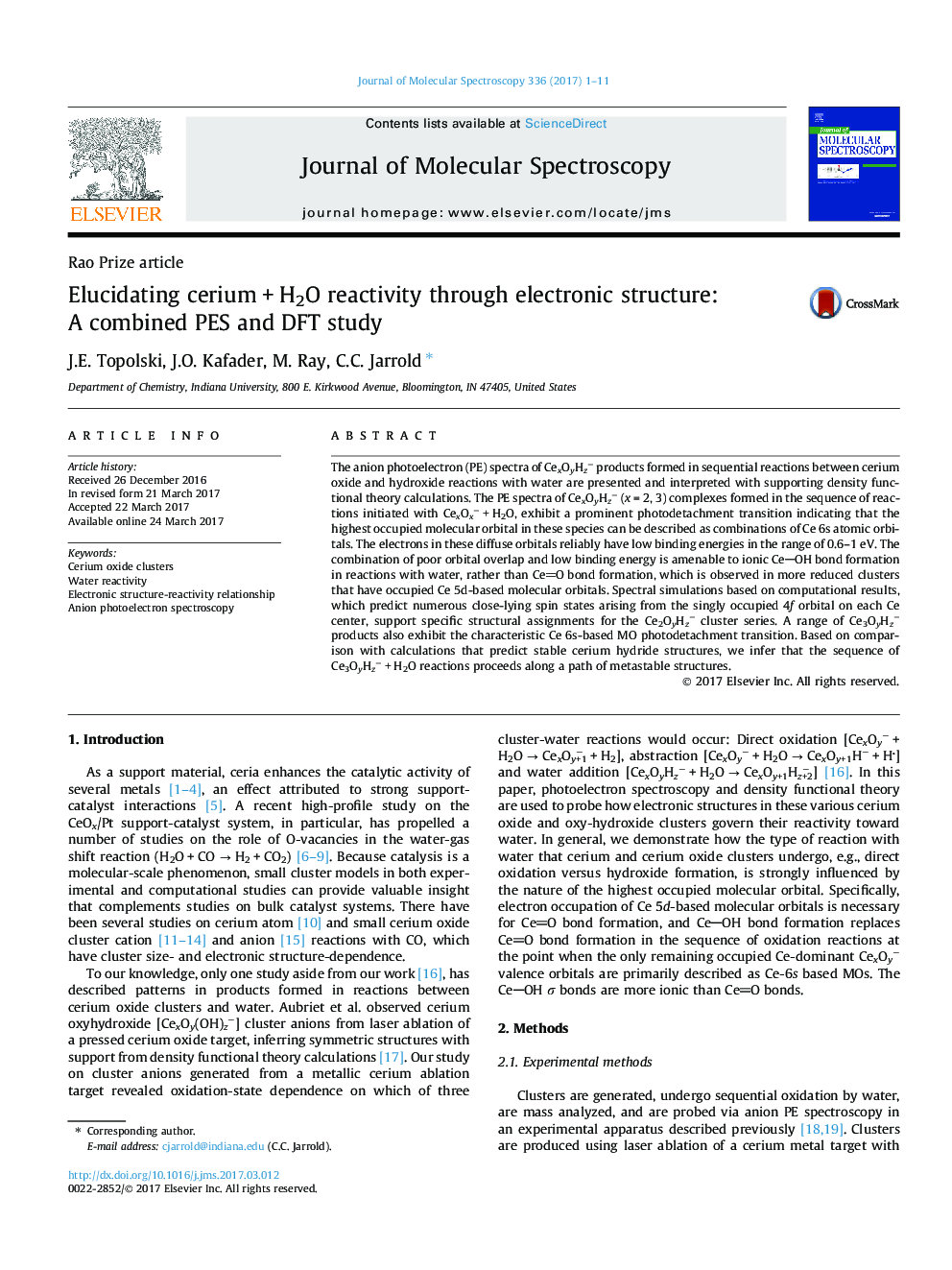 Elucidating ceriumÂ +Â H2O reactivity through electronic structure: A combined PES and DFT study