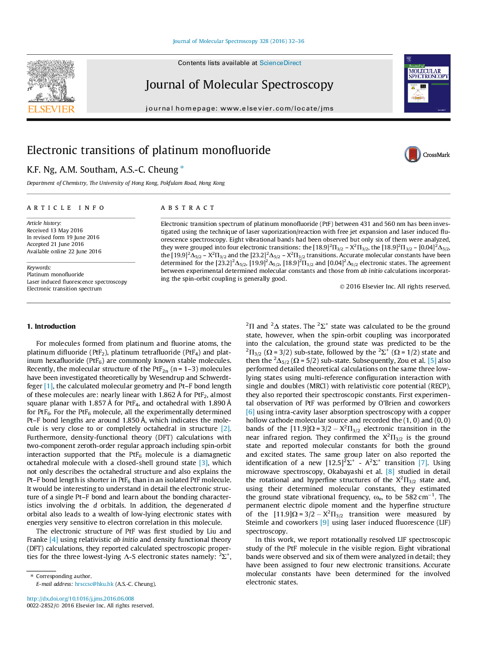 Electronic transitions of platinum monofluoride